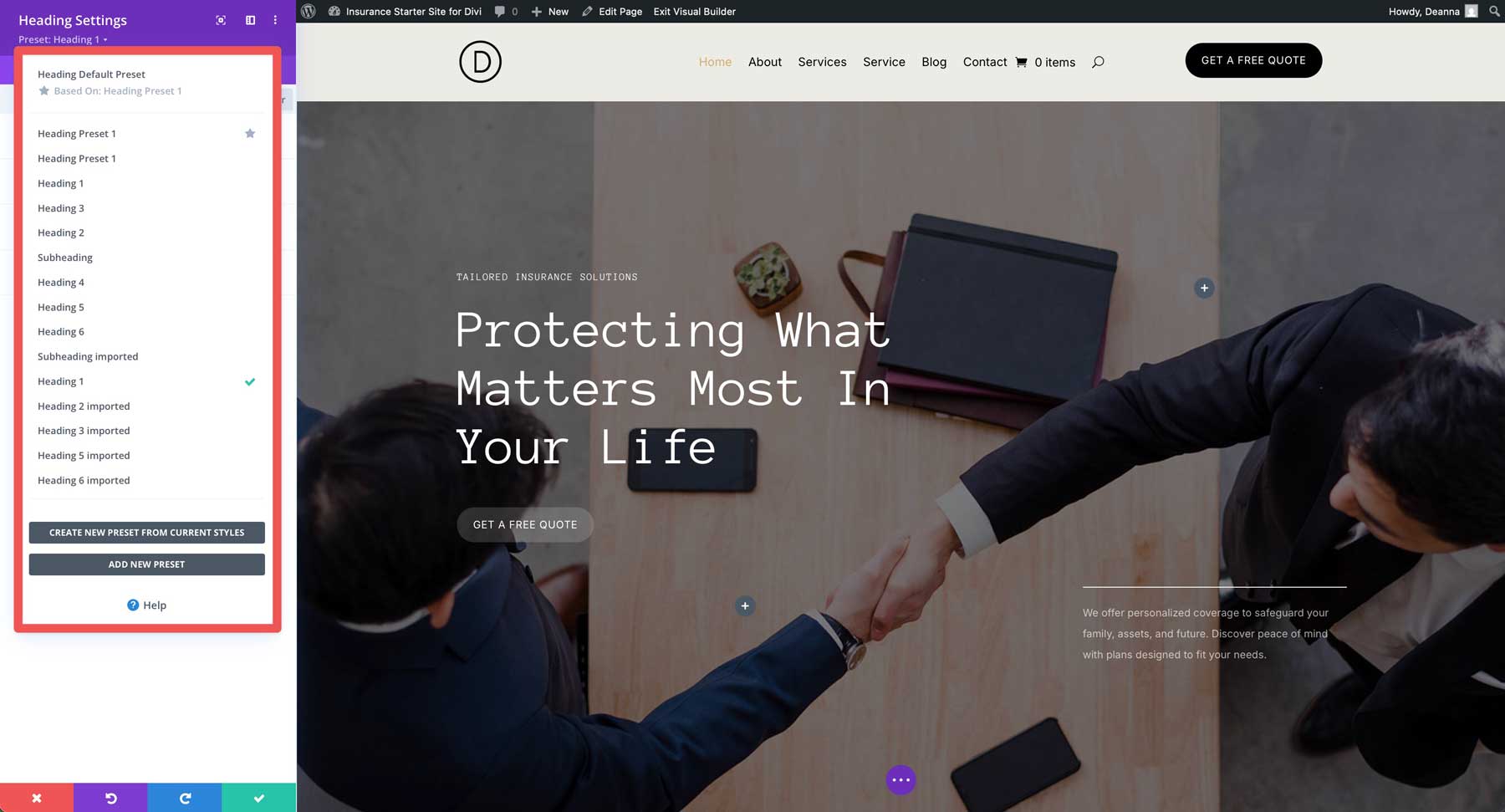 insurance starter site for Divi