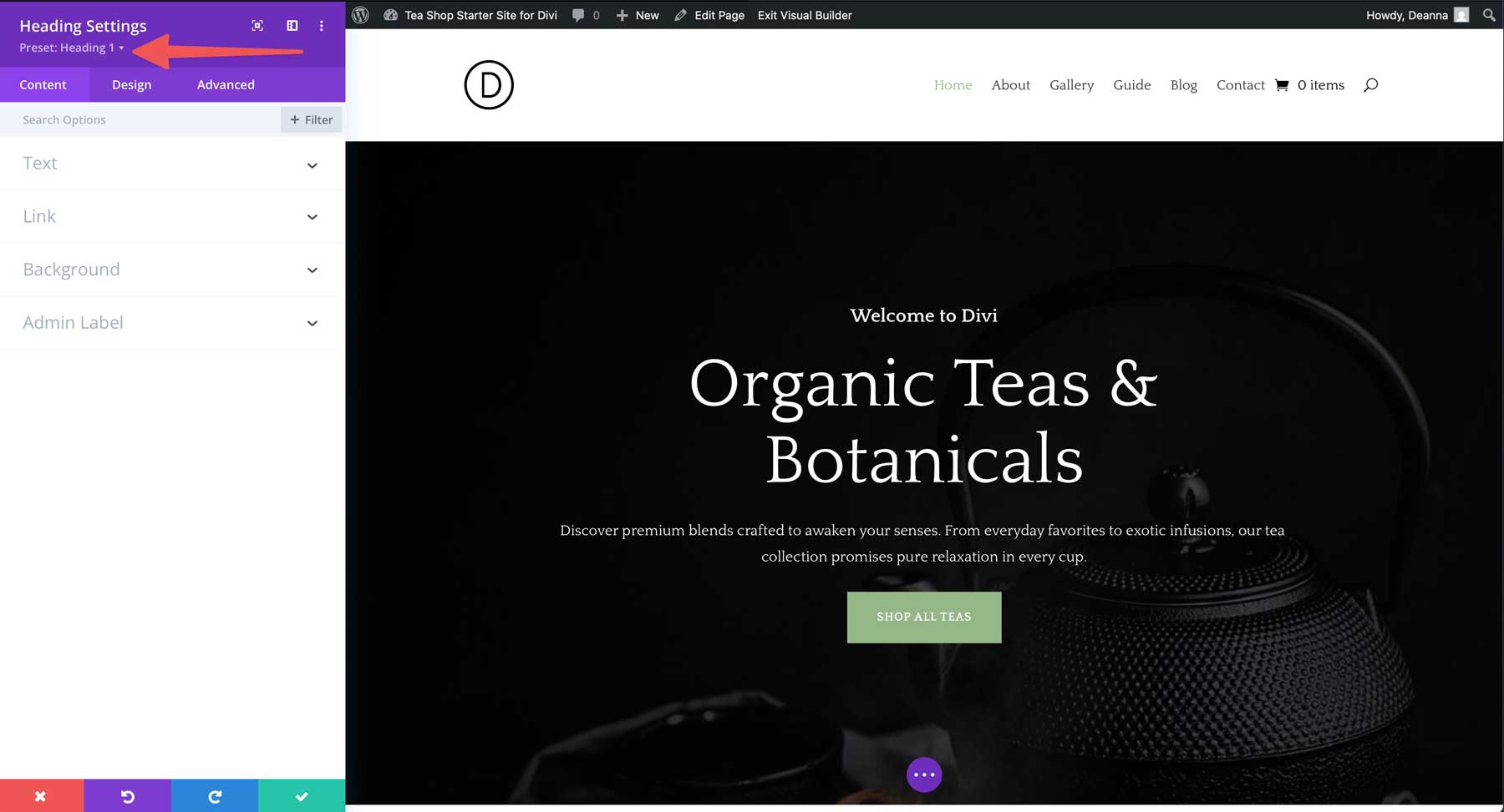 tea shop starter site for divi