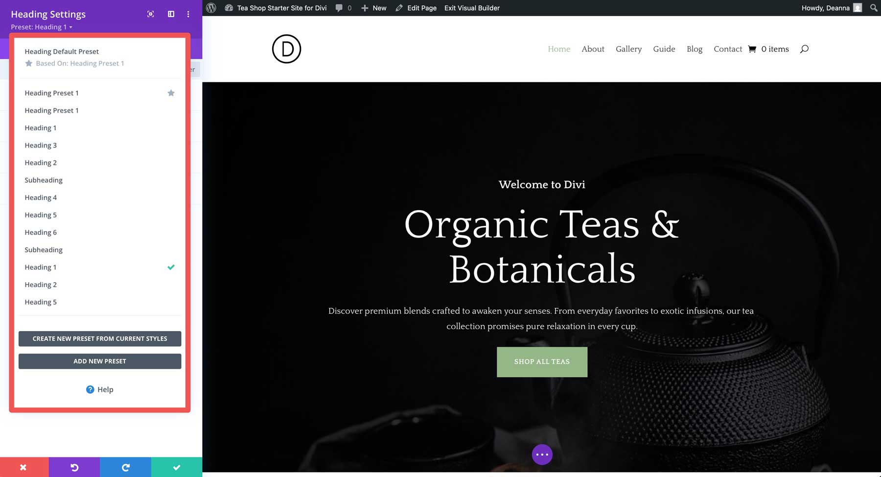 tea shop starter site for divi