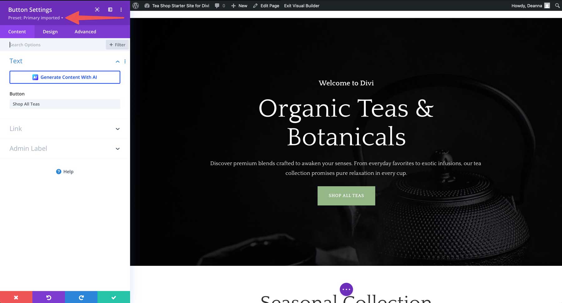 tea shop starter site for divi