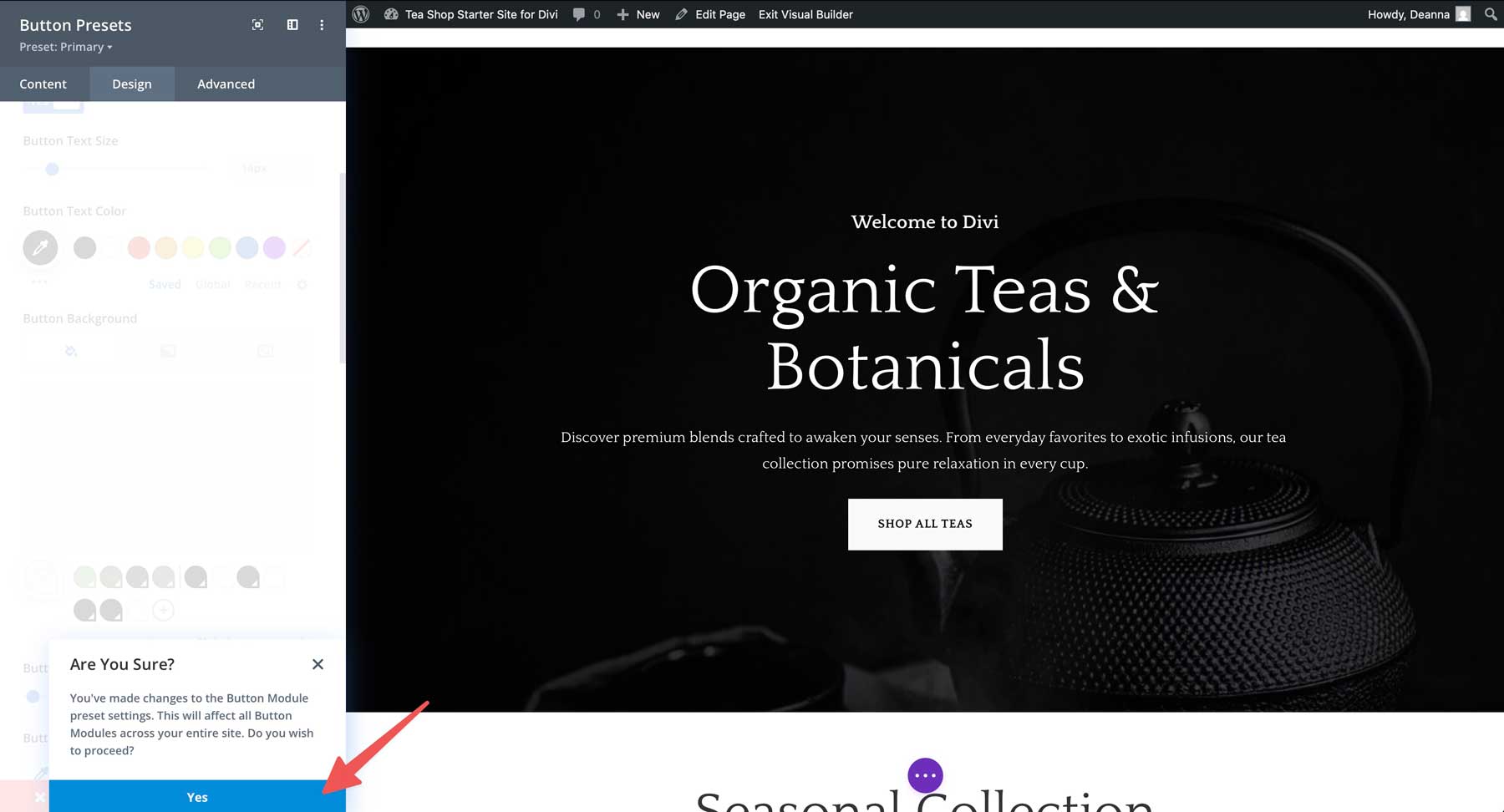 tea shop starter site for divi