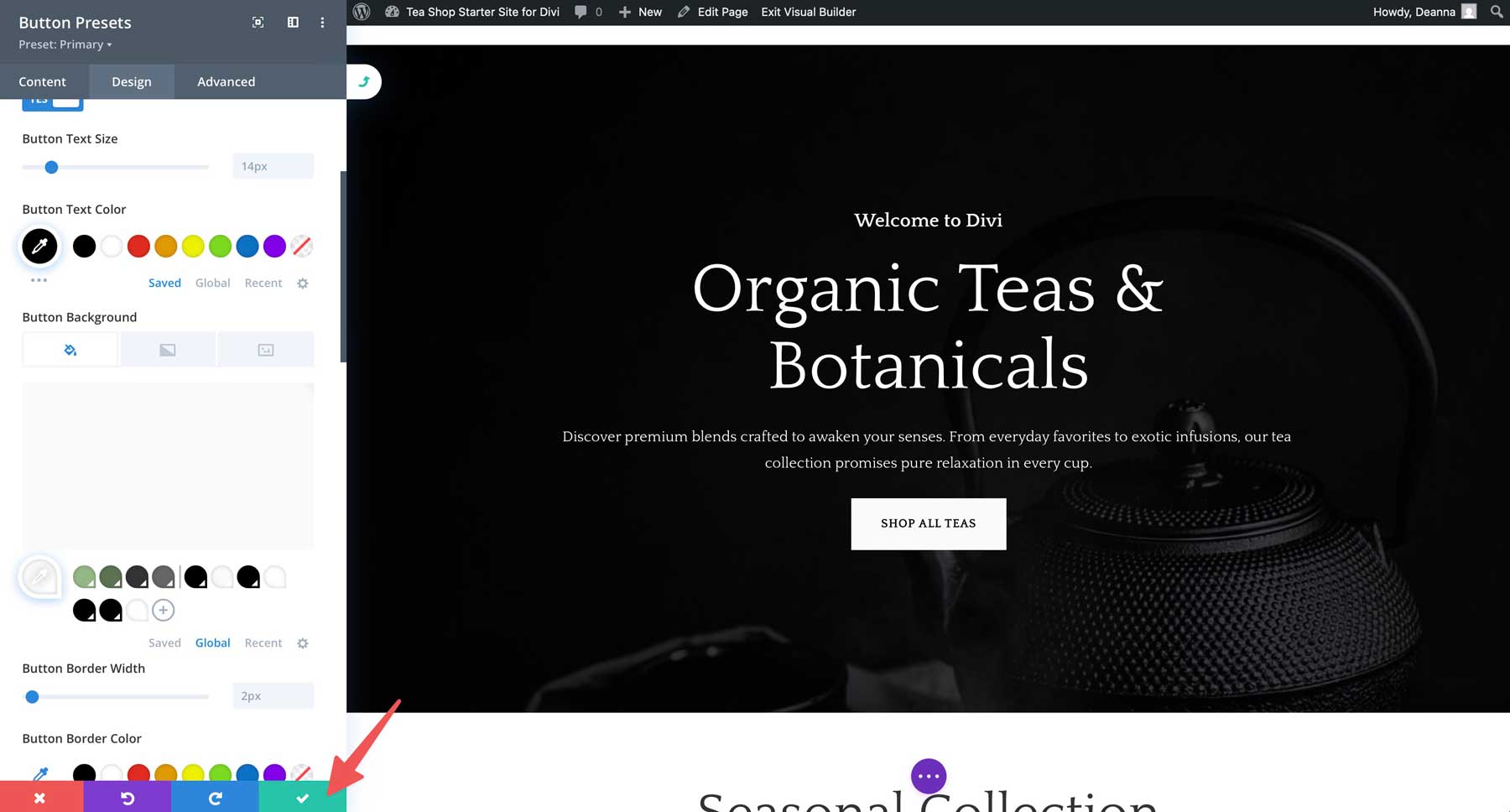 tea shop starter site for divi