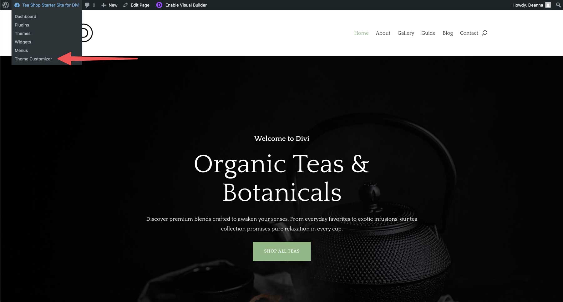 tea shop starter site for divi