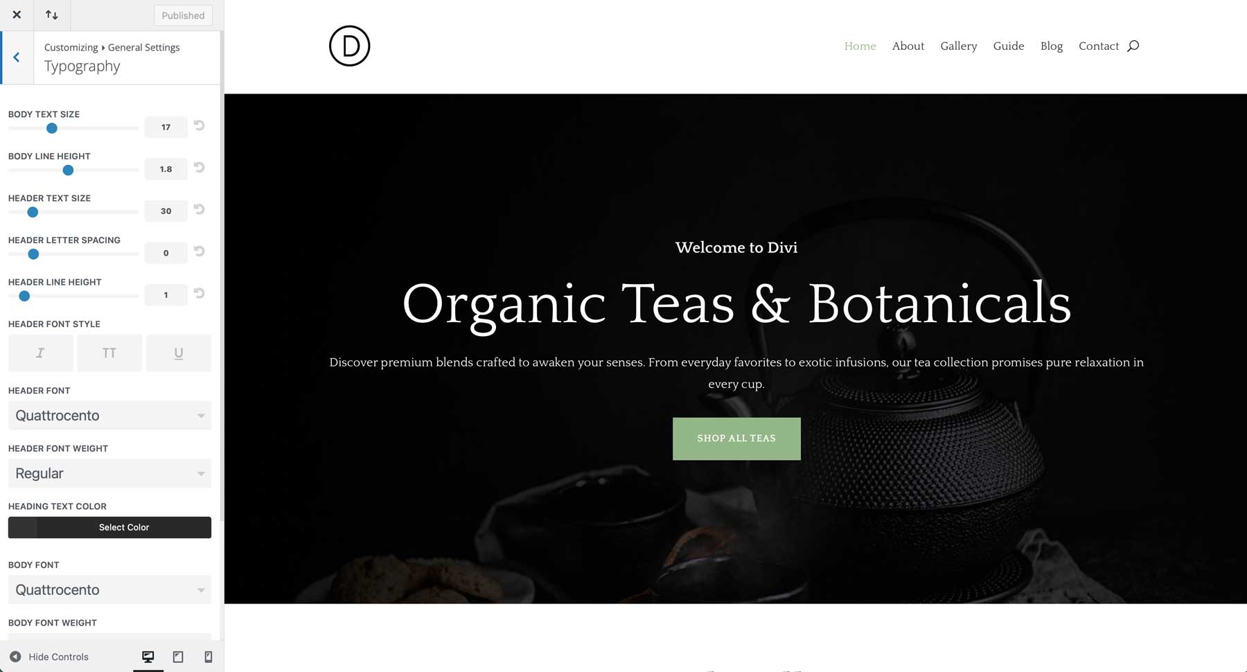 tea shop starter site for divi