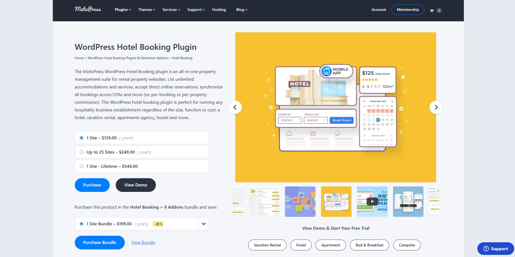 A screenshot of Hotel Booking Plugin By MotoPress' home page