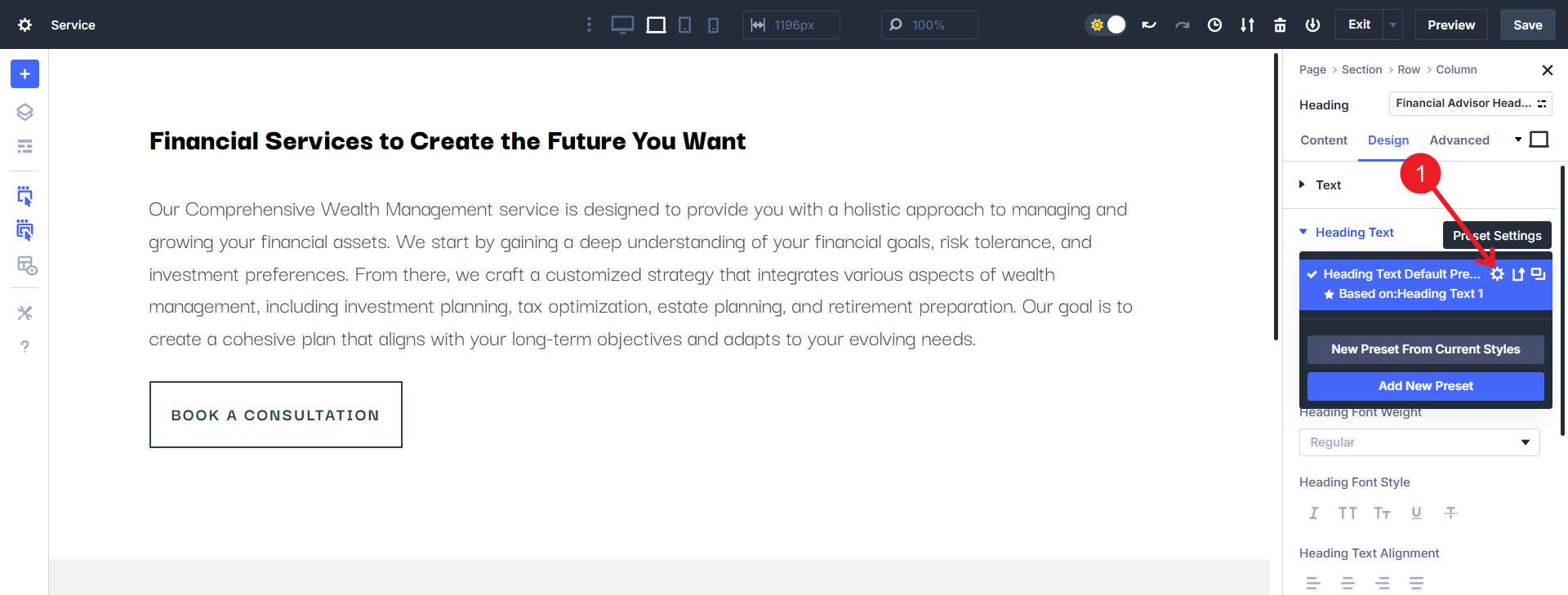 Setting up Default Option Group Preset for Heading-Title Text - Step 5