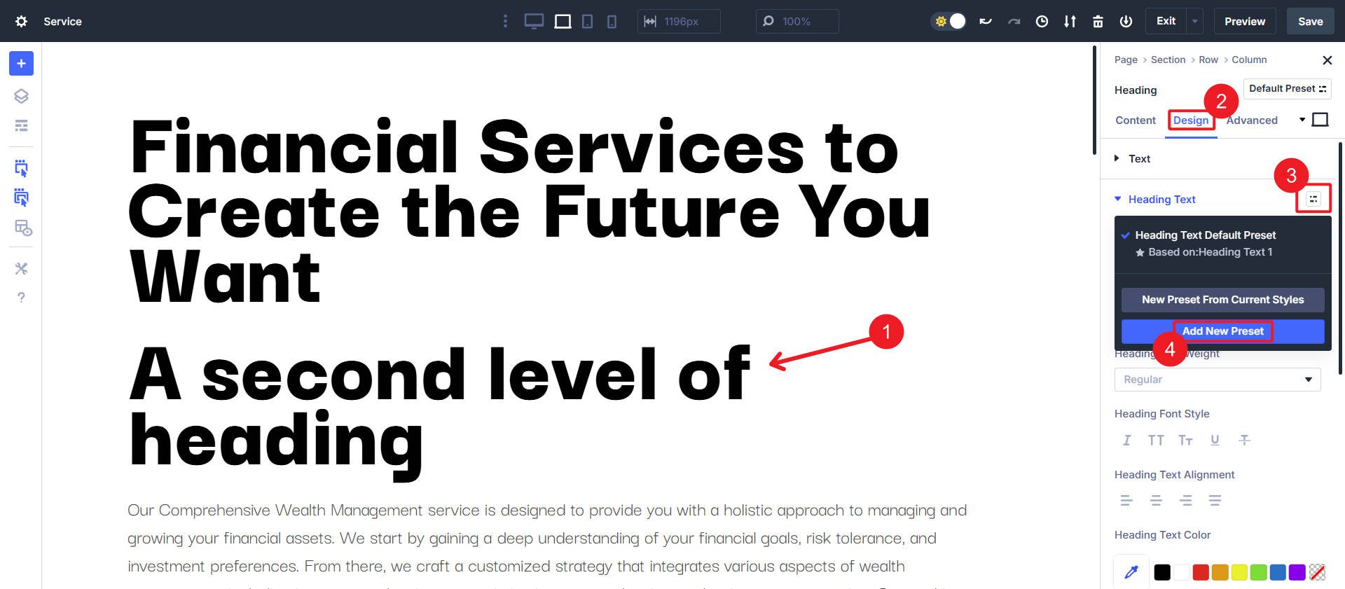 Setting up Default Option Group Preset for Heading-Title Text - Step 8-11
