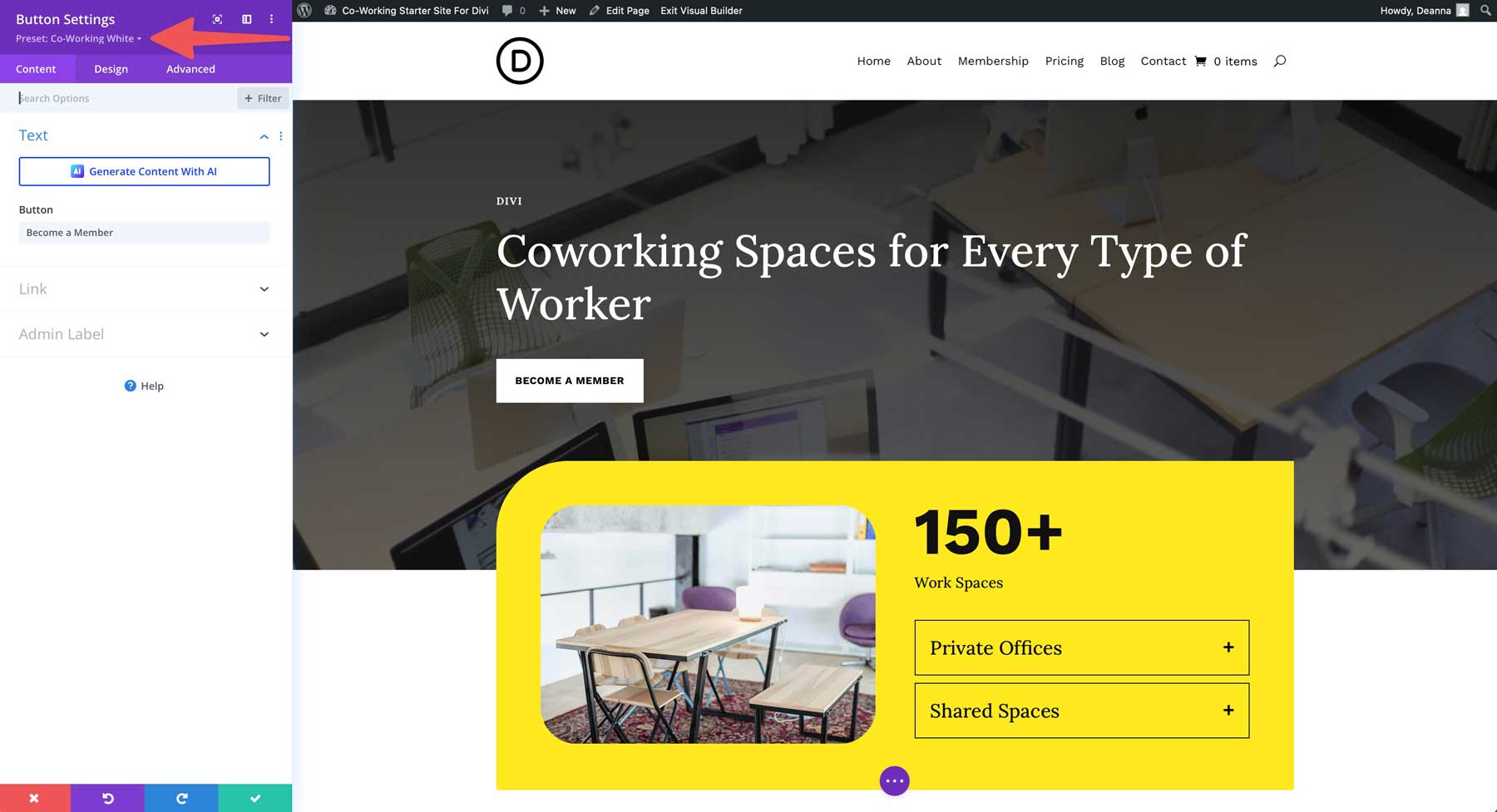 Co-Working starter site for Divi