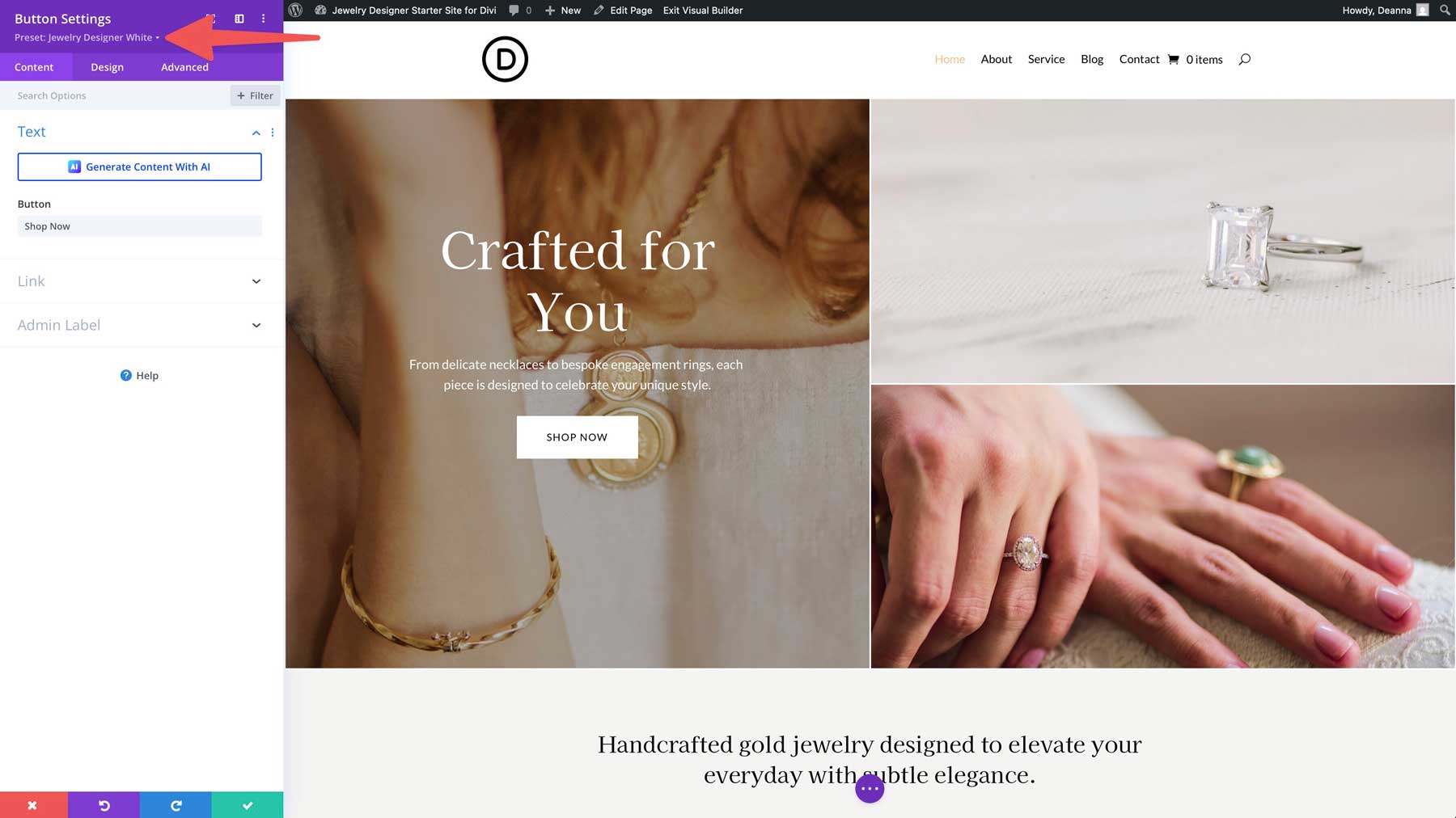 Jewelry Designer starter site for Divi
