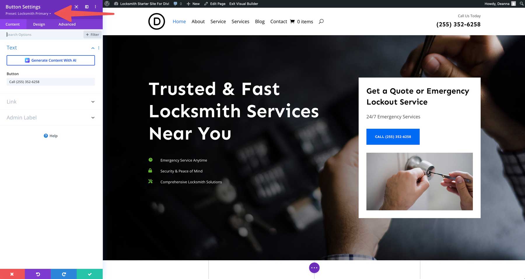 locksmith starter site for Divi