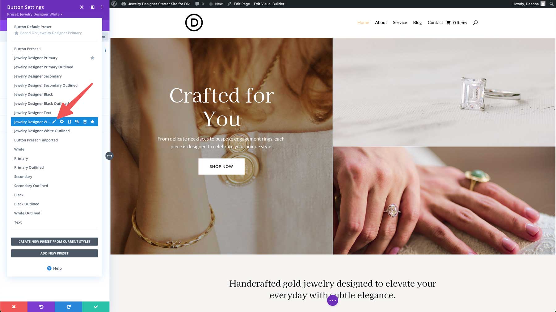 Jewelry Designer starter site for Divi