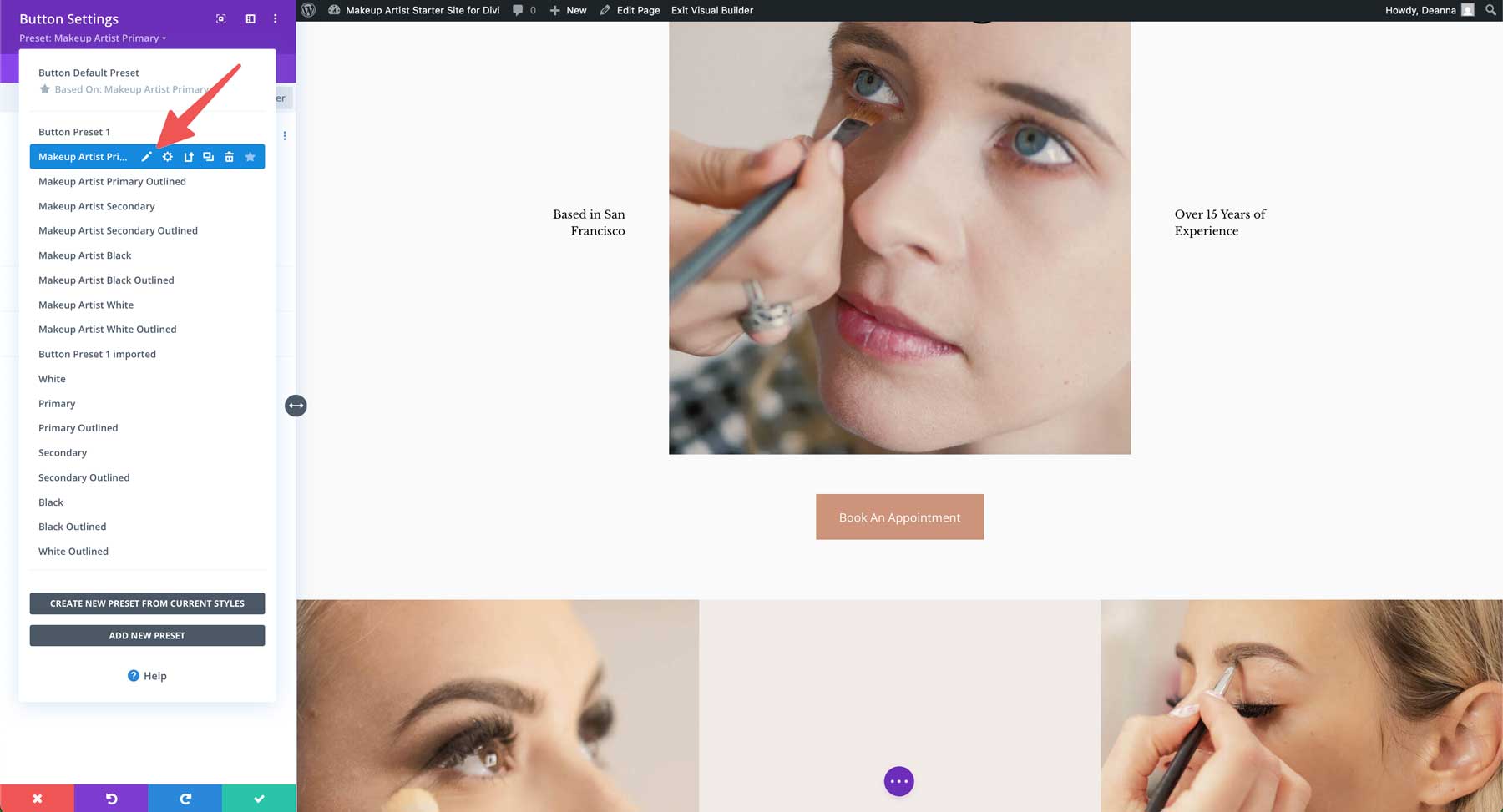 makeup artist starter site for Divi