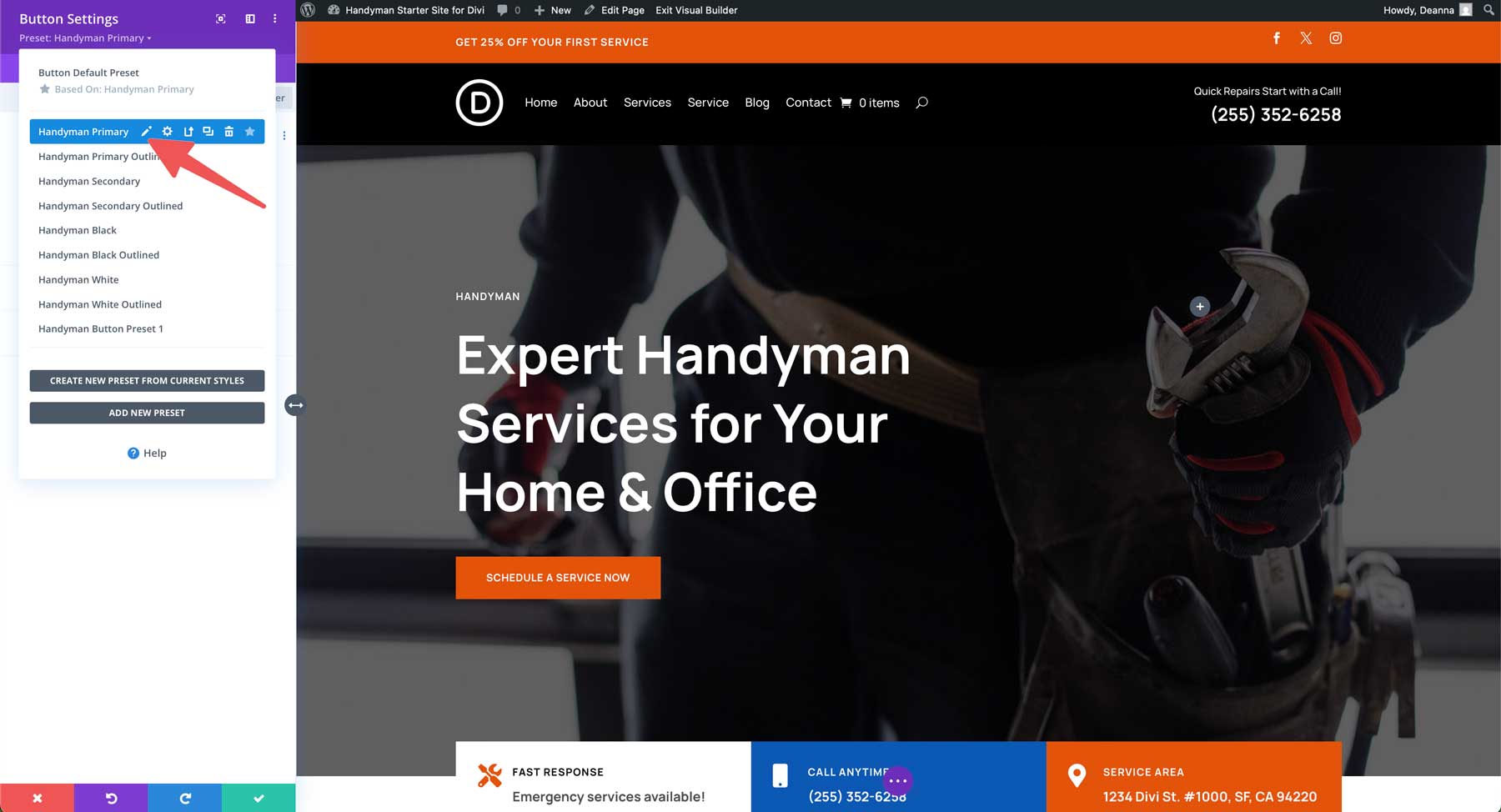 Handyman starter site for Divi