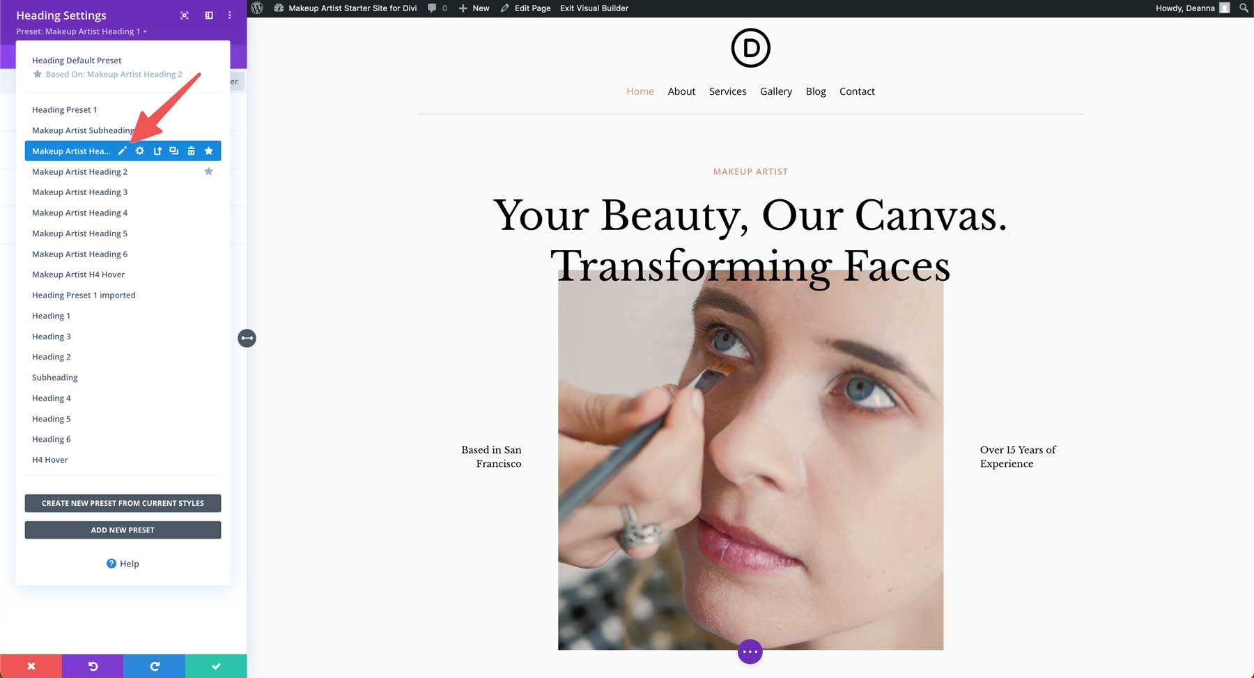 makeup artist starter site for Divi