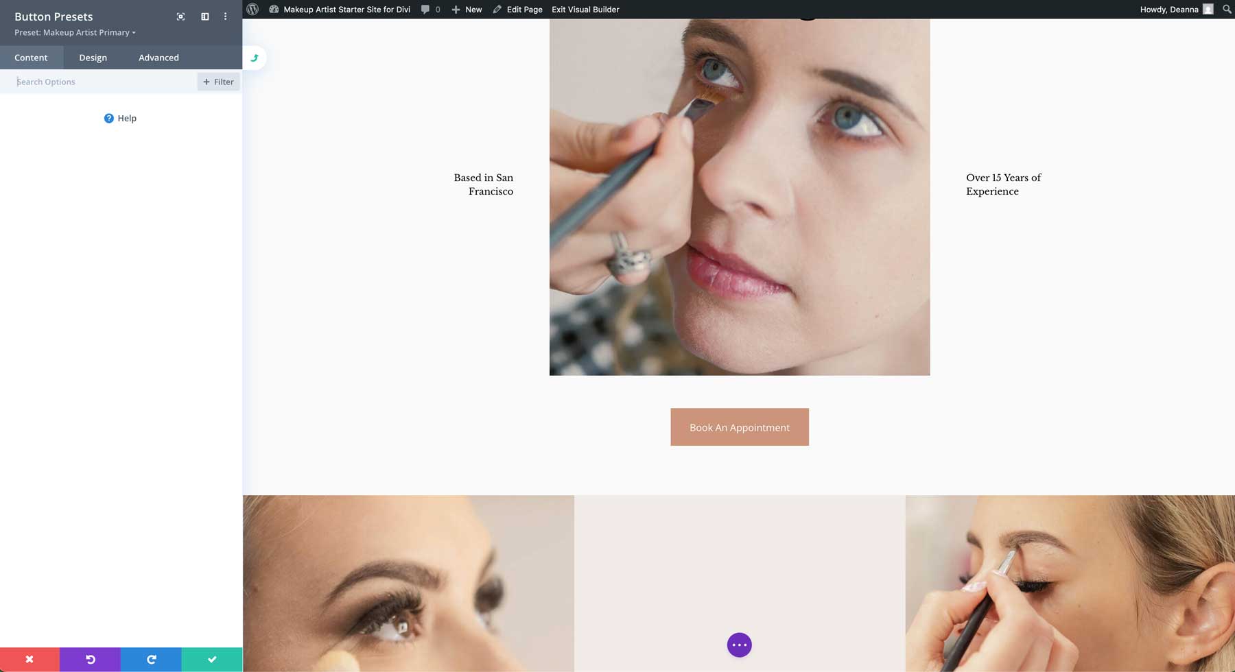 makeup artist starter site for Divi