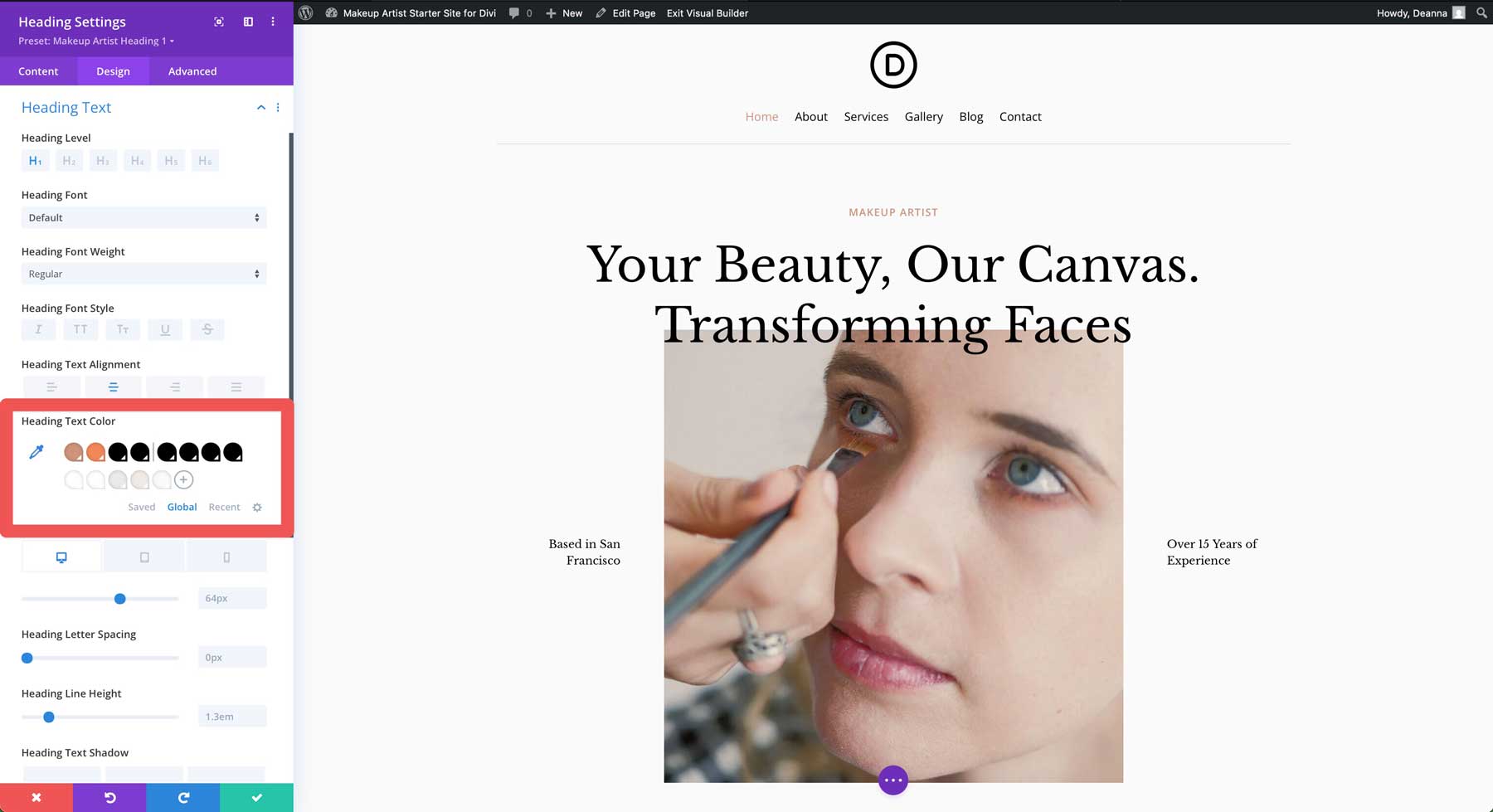 makeup artist starter site for Divi