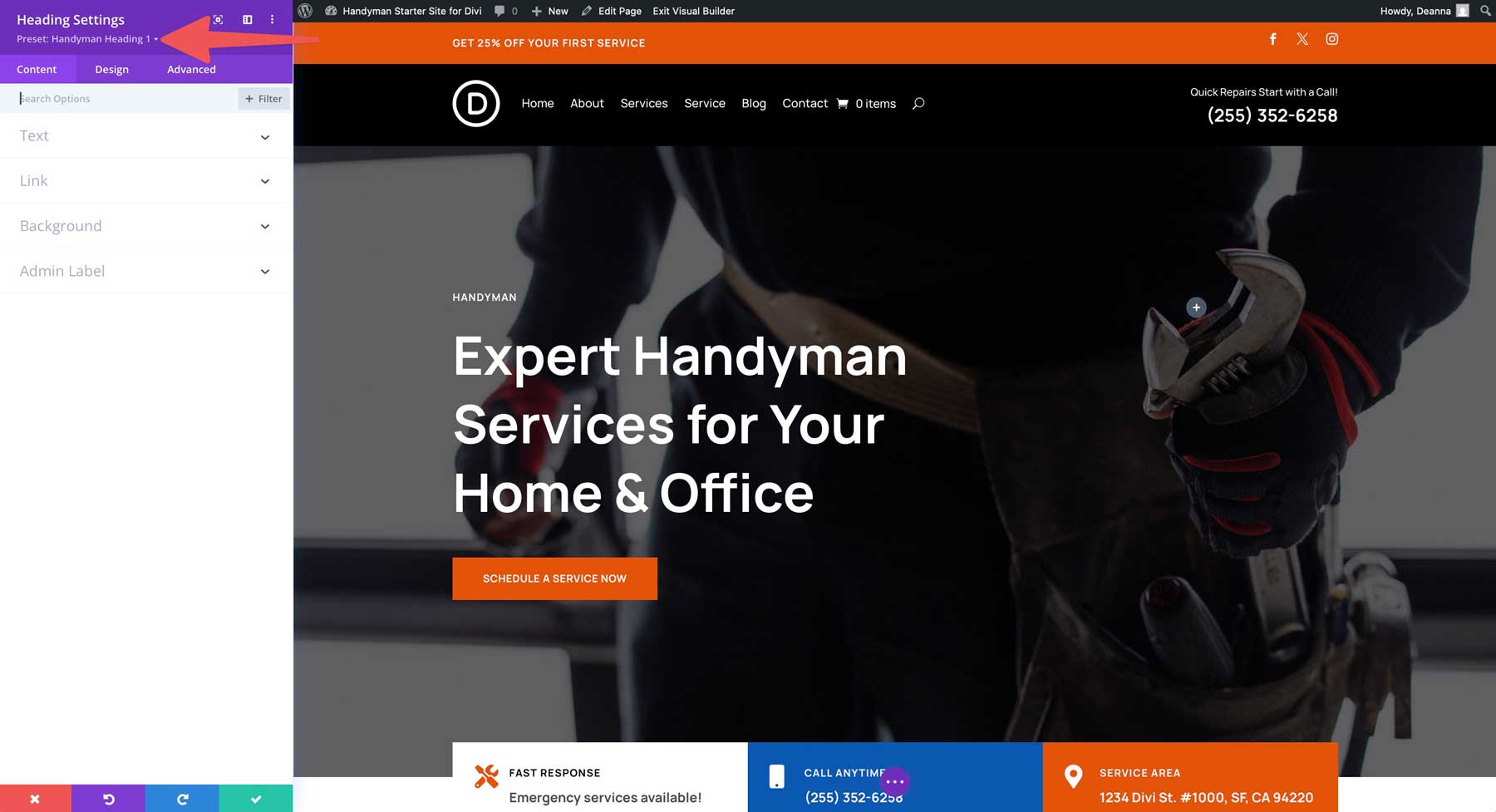 Handyman starter site for Divi