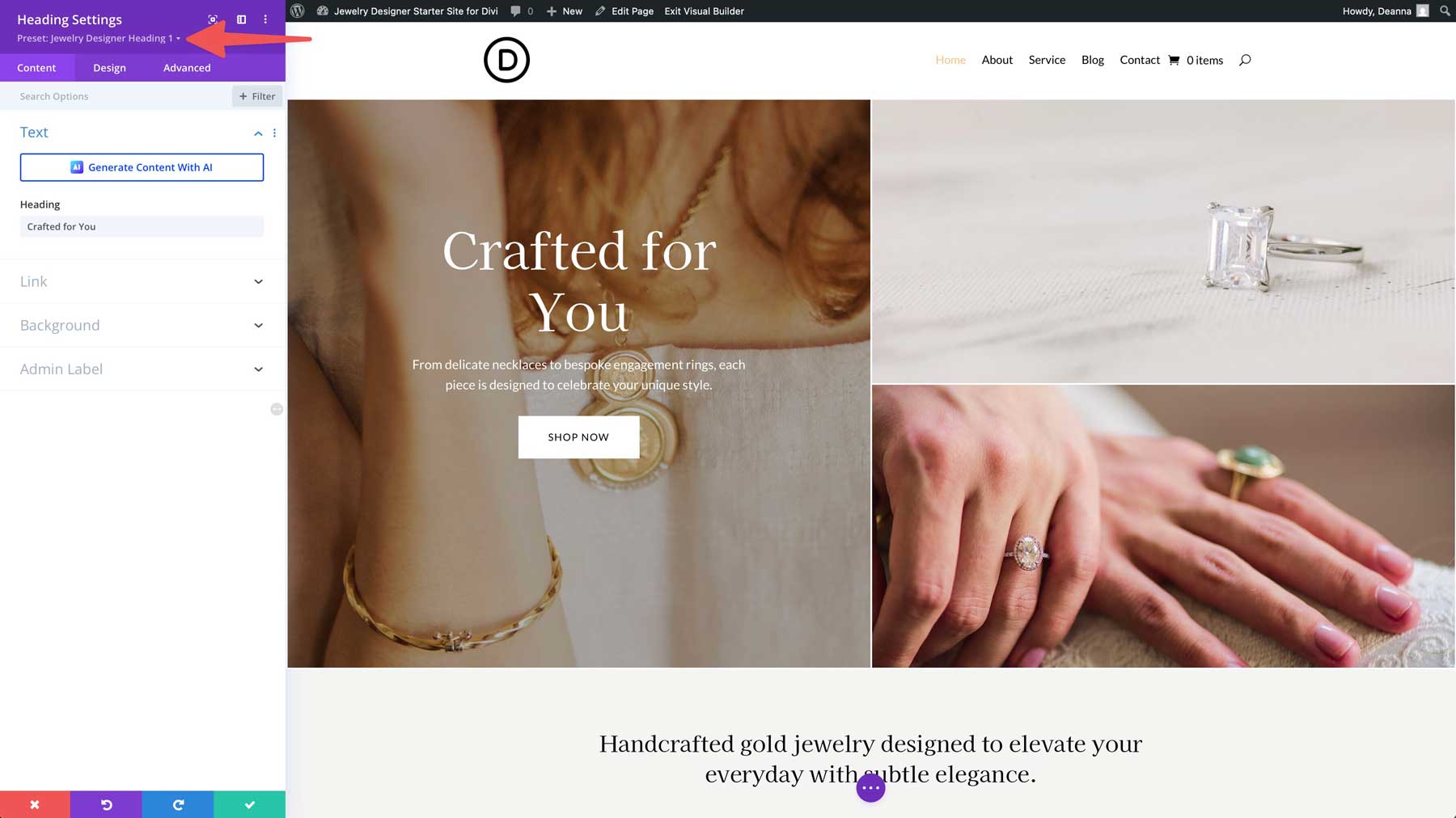 Jewelry Designer starter site for Divi