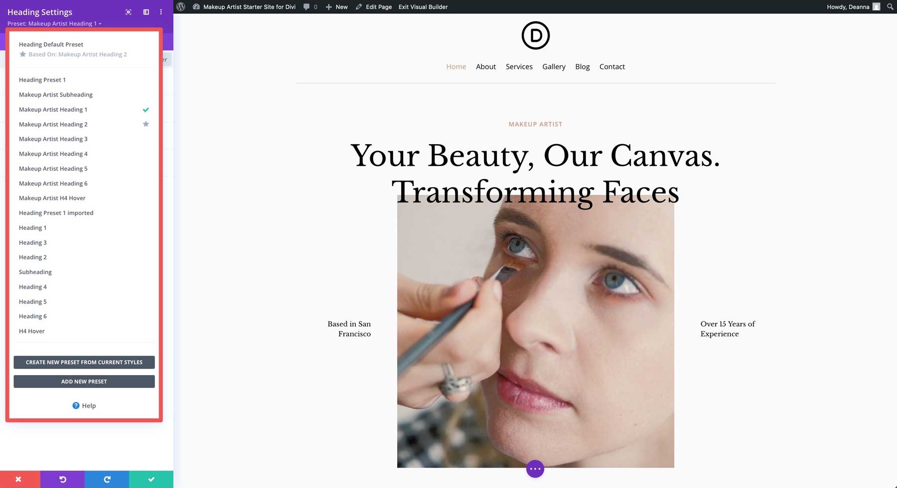 makeup artist starter site for Divi