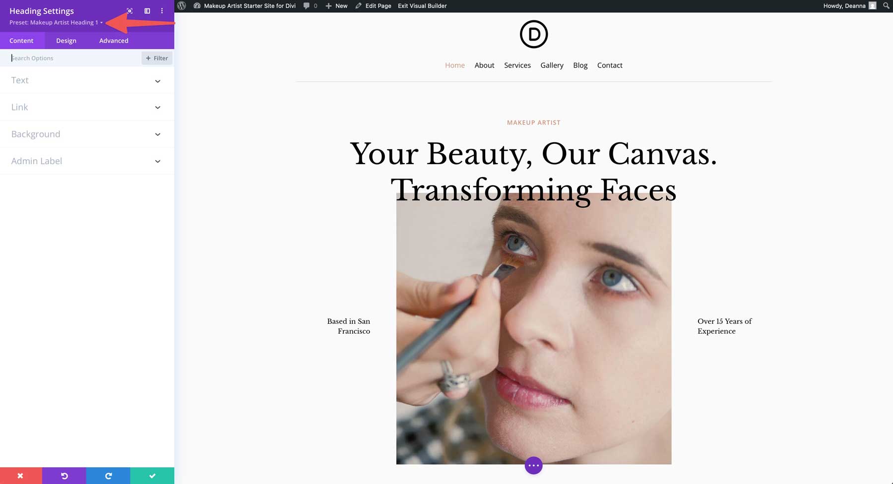 makeup artist starter site for Divi
