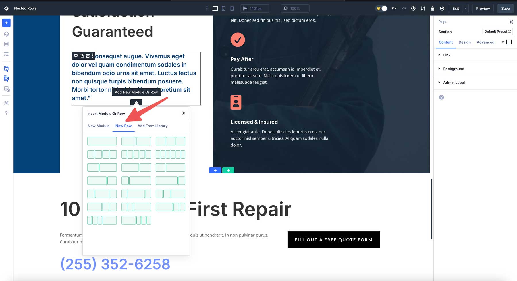 nested rows in Divi 5