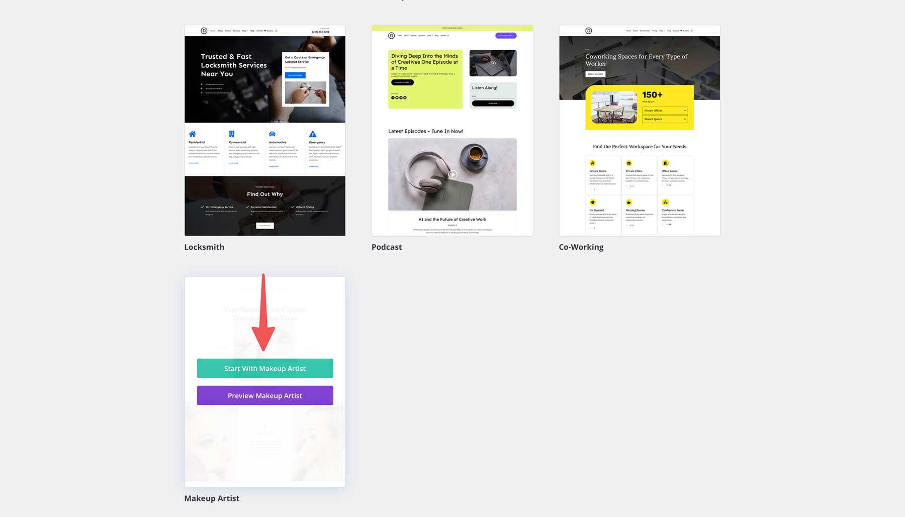 makeup artist starter site for Divi