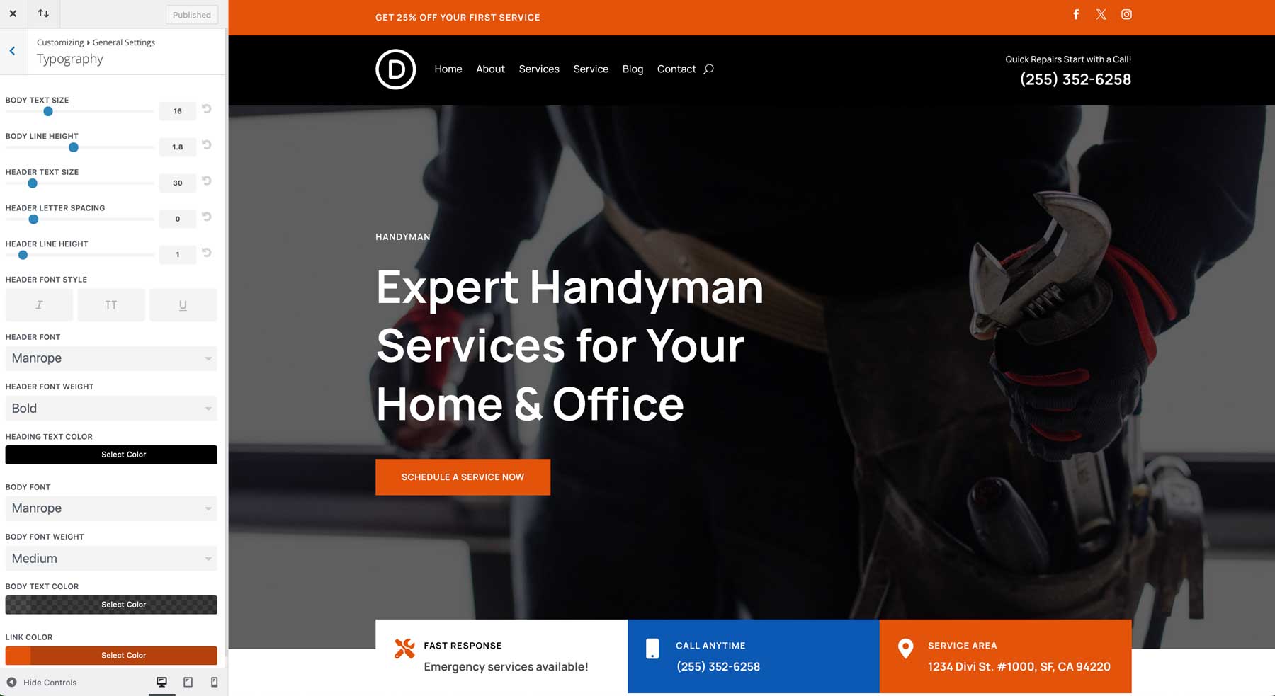 Handyman starter site for Divi