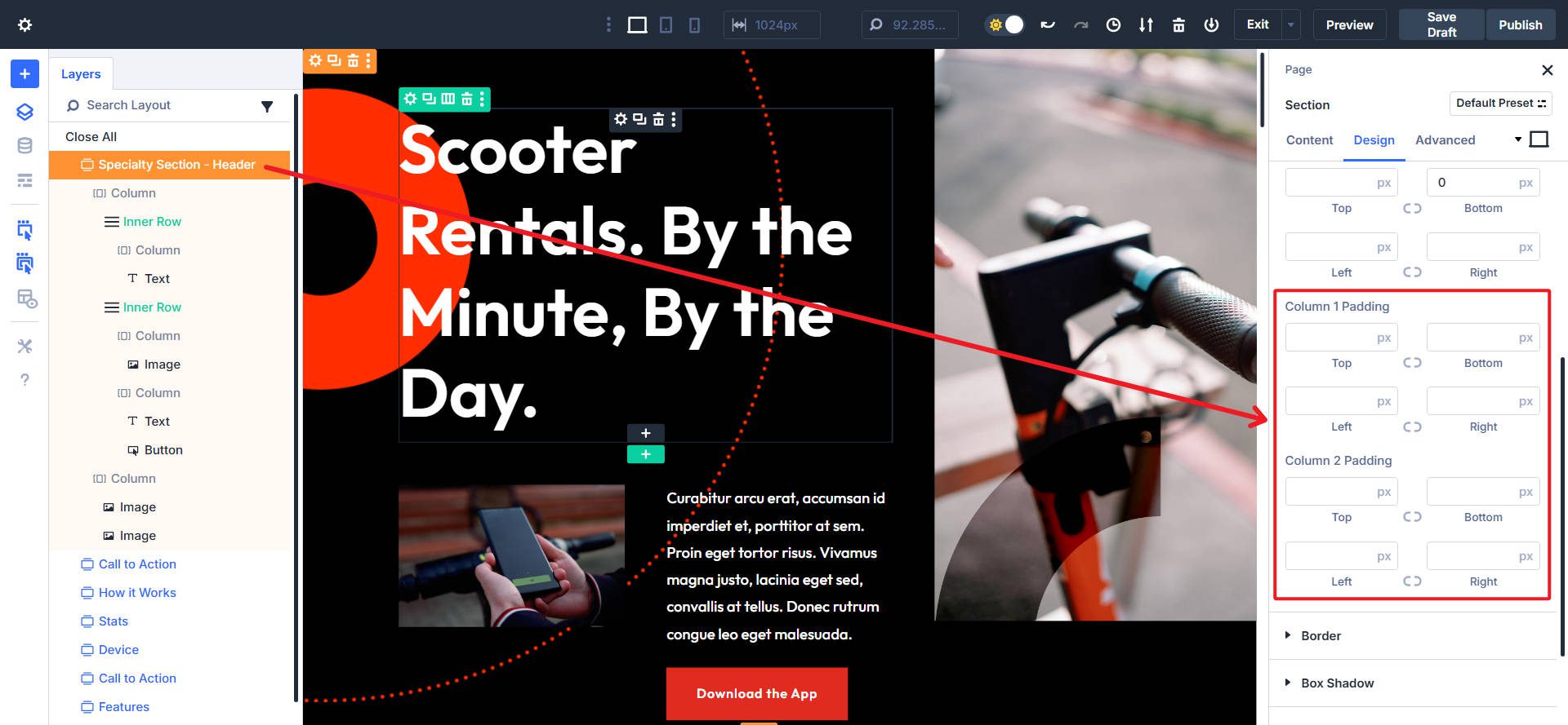 Extra Settings for Column Padding and CSS Classes in Specialty Sections