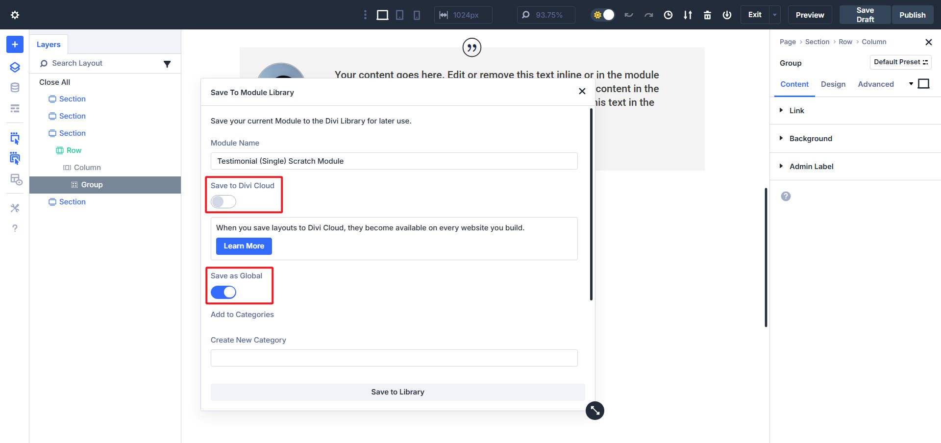 Save Group to Divi Library as a Global Element or to Divi Cloud