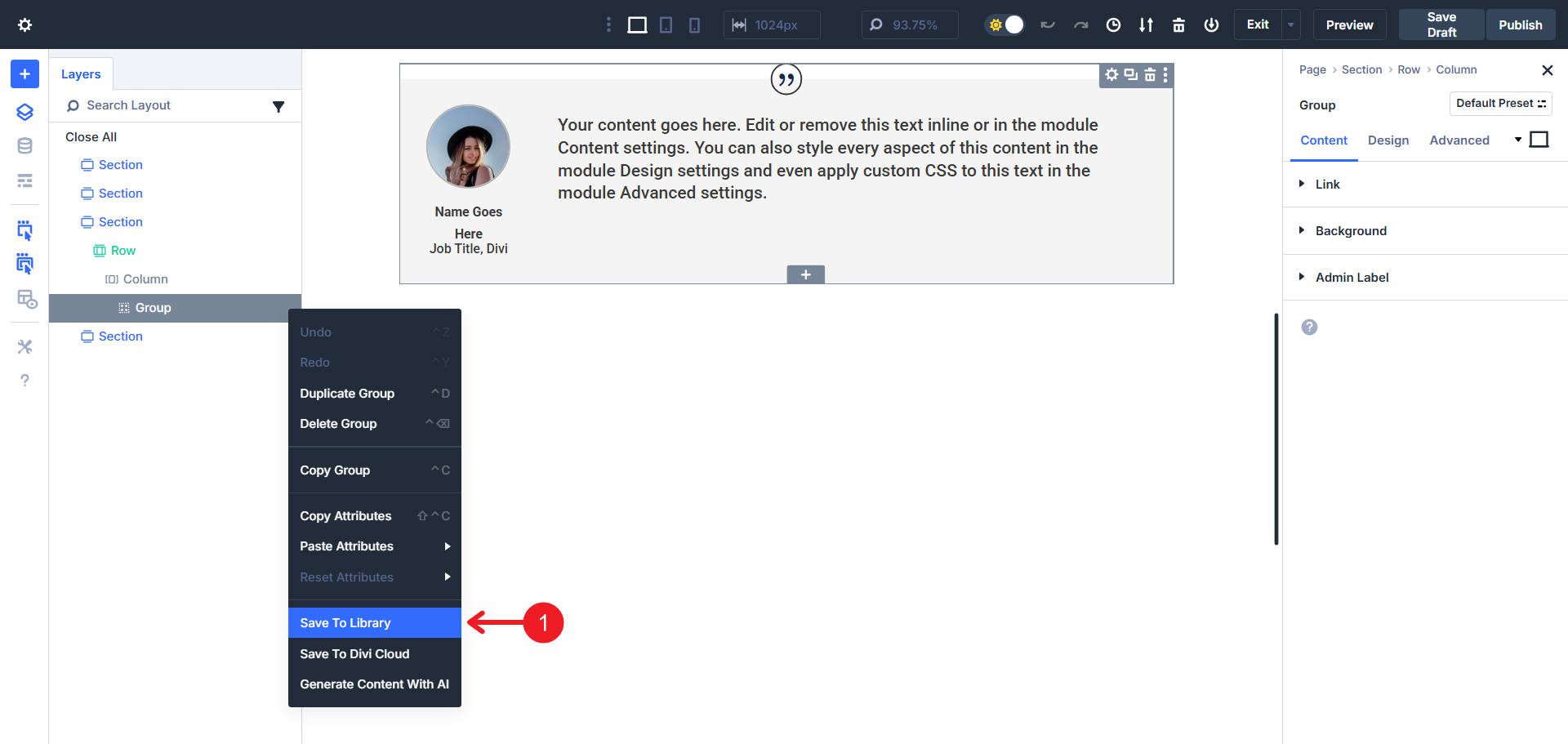 Save Group to Divi Library
