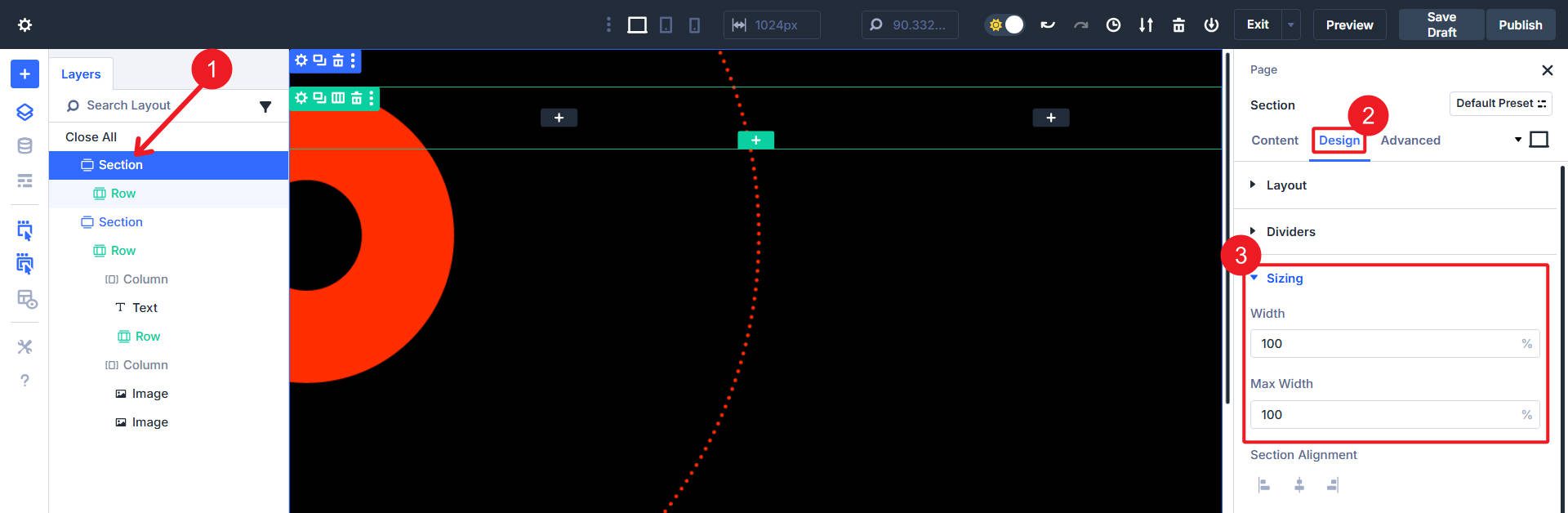 Section Size Width Settings