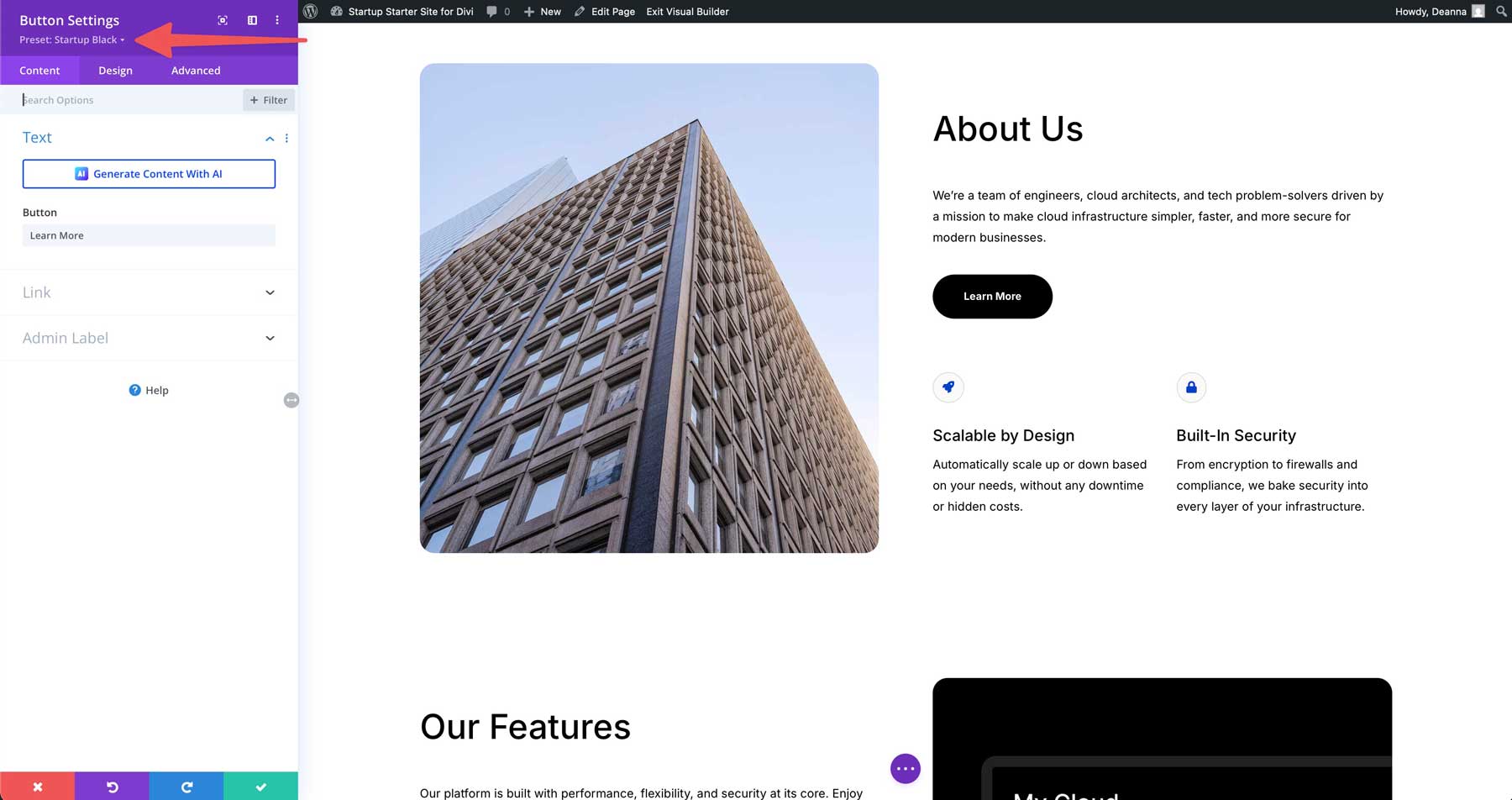 startup starter site for Divi