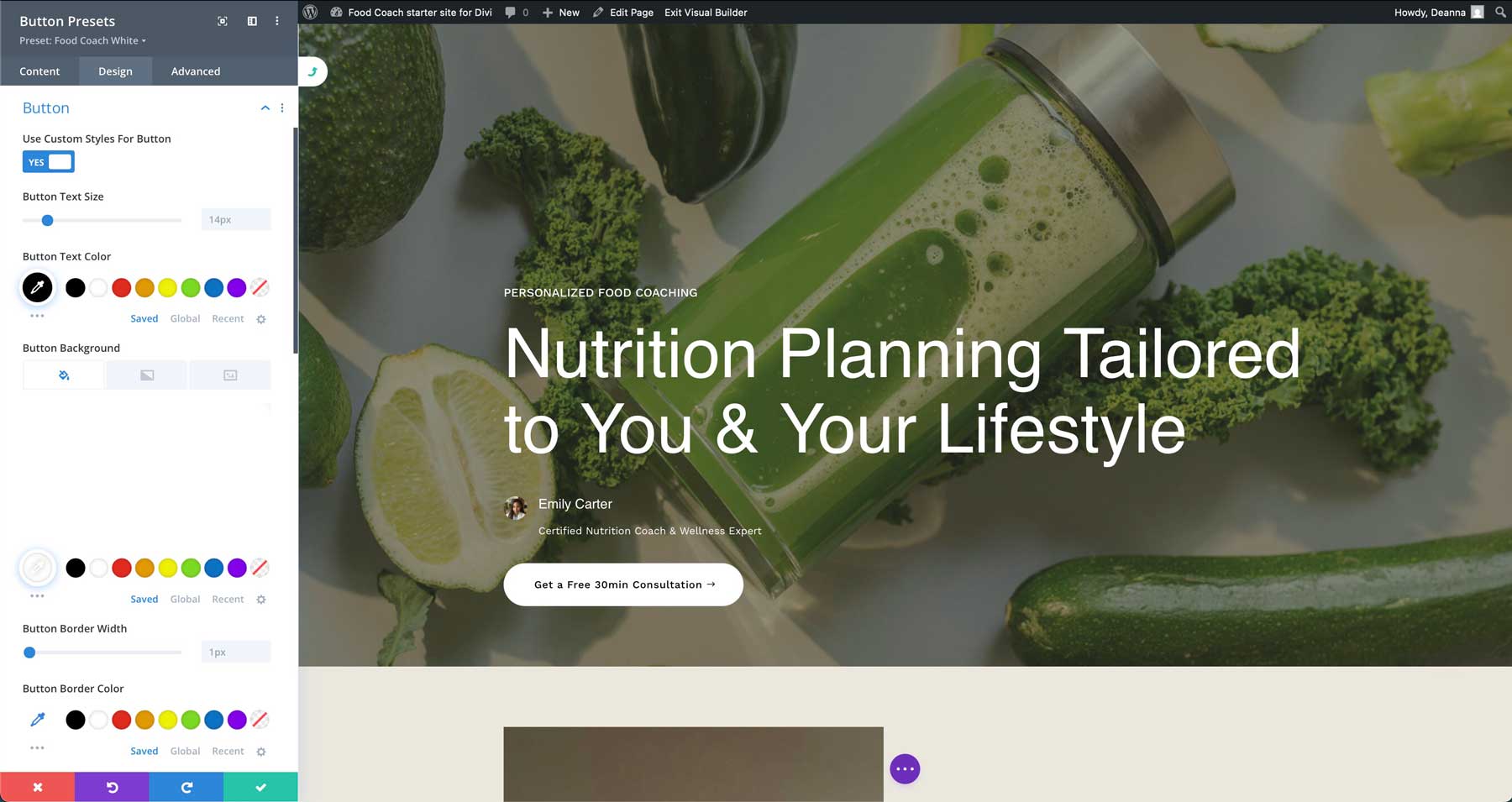 food coach starter site for Divi