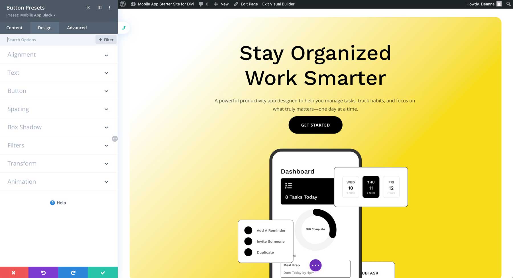 mobile app starter site for Divi
