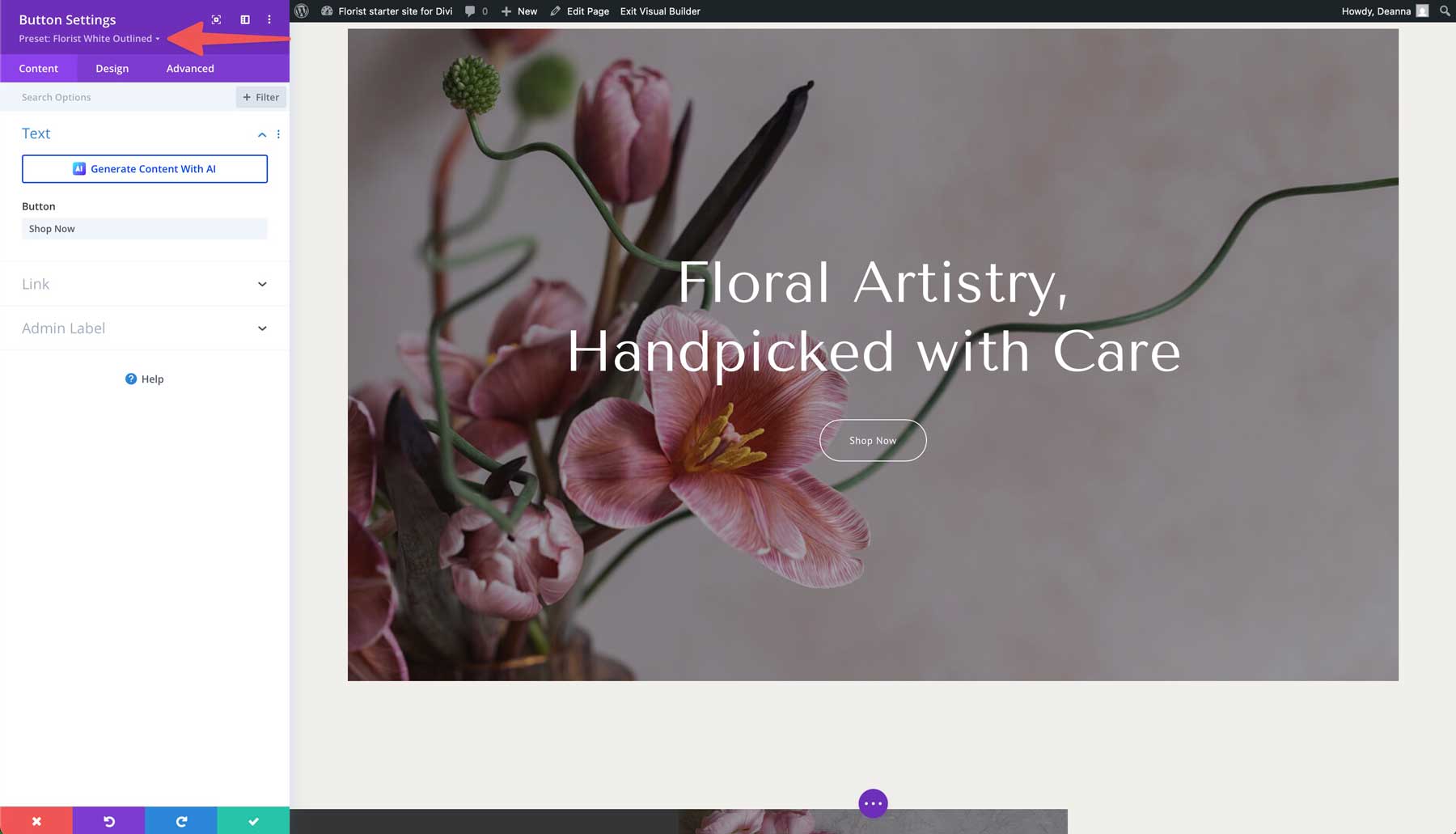 florist starter site for Divi