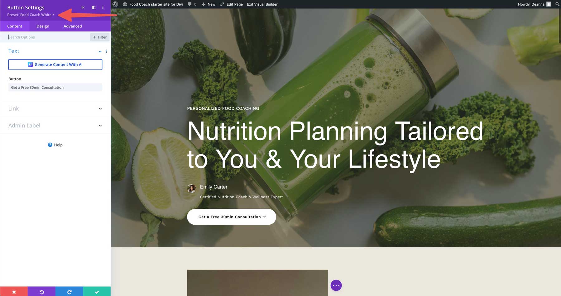 food coach starter site for Divi