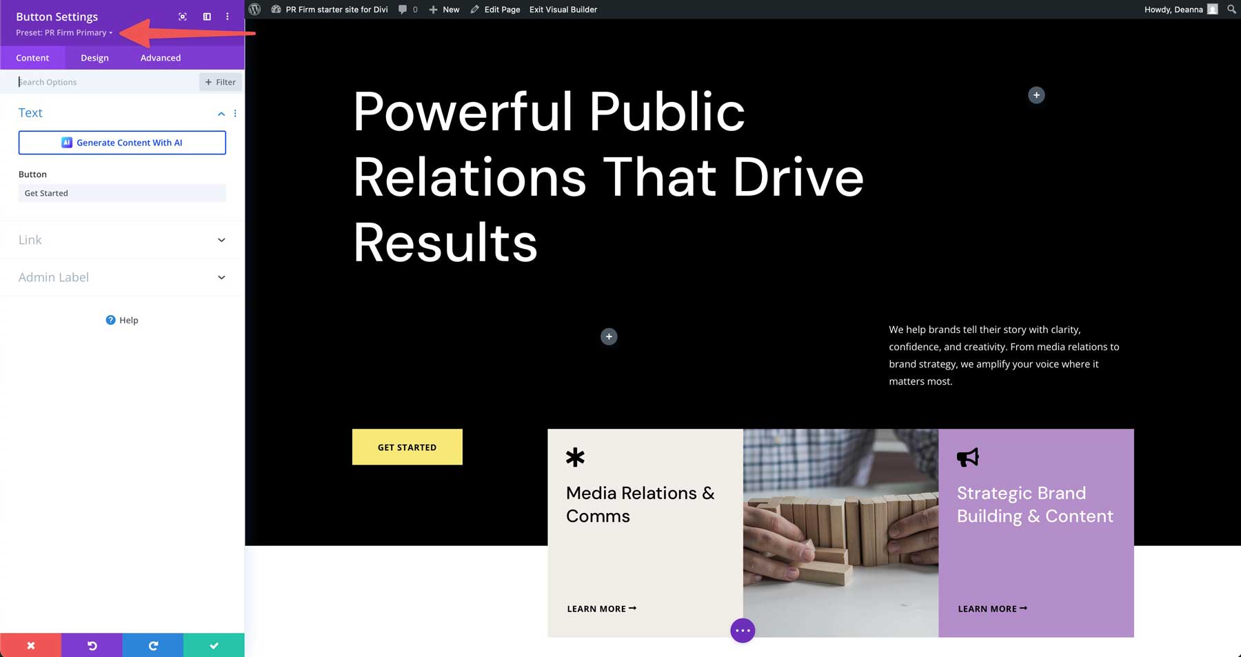 PR Firm starter site for Divi