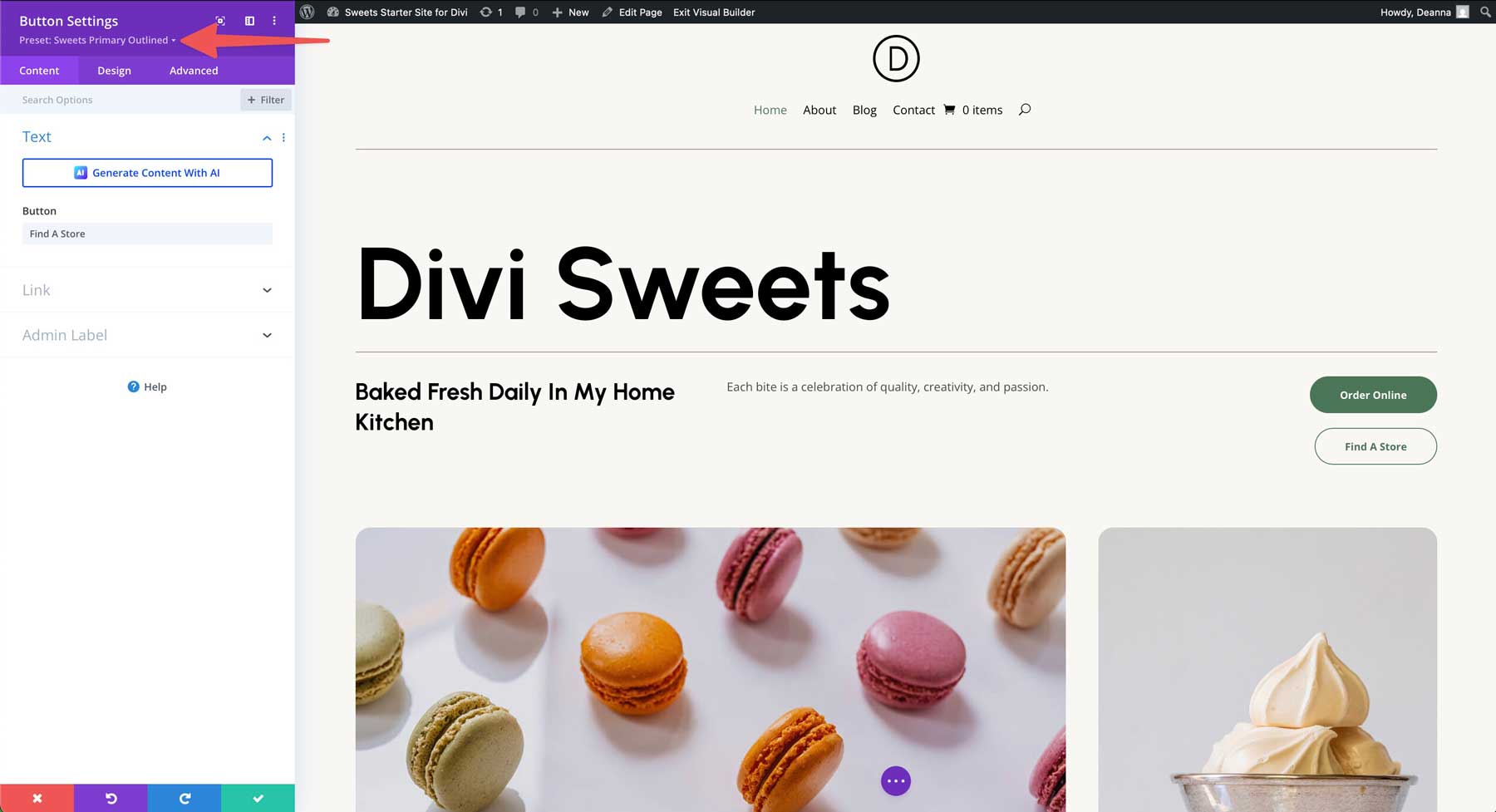 sweets starter site for Divi