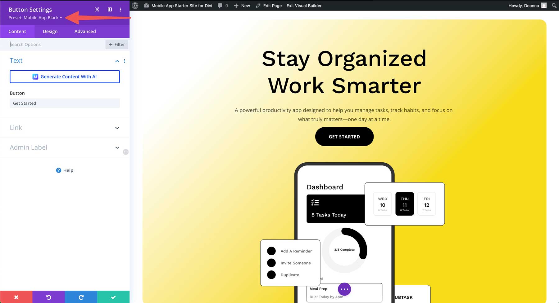 mobile app starter site for Divi