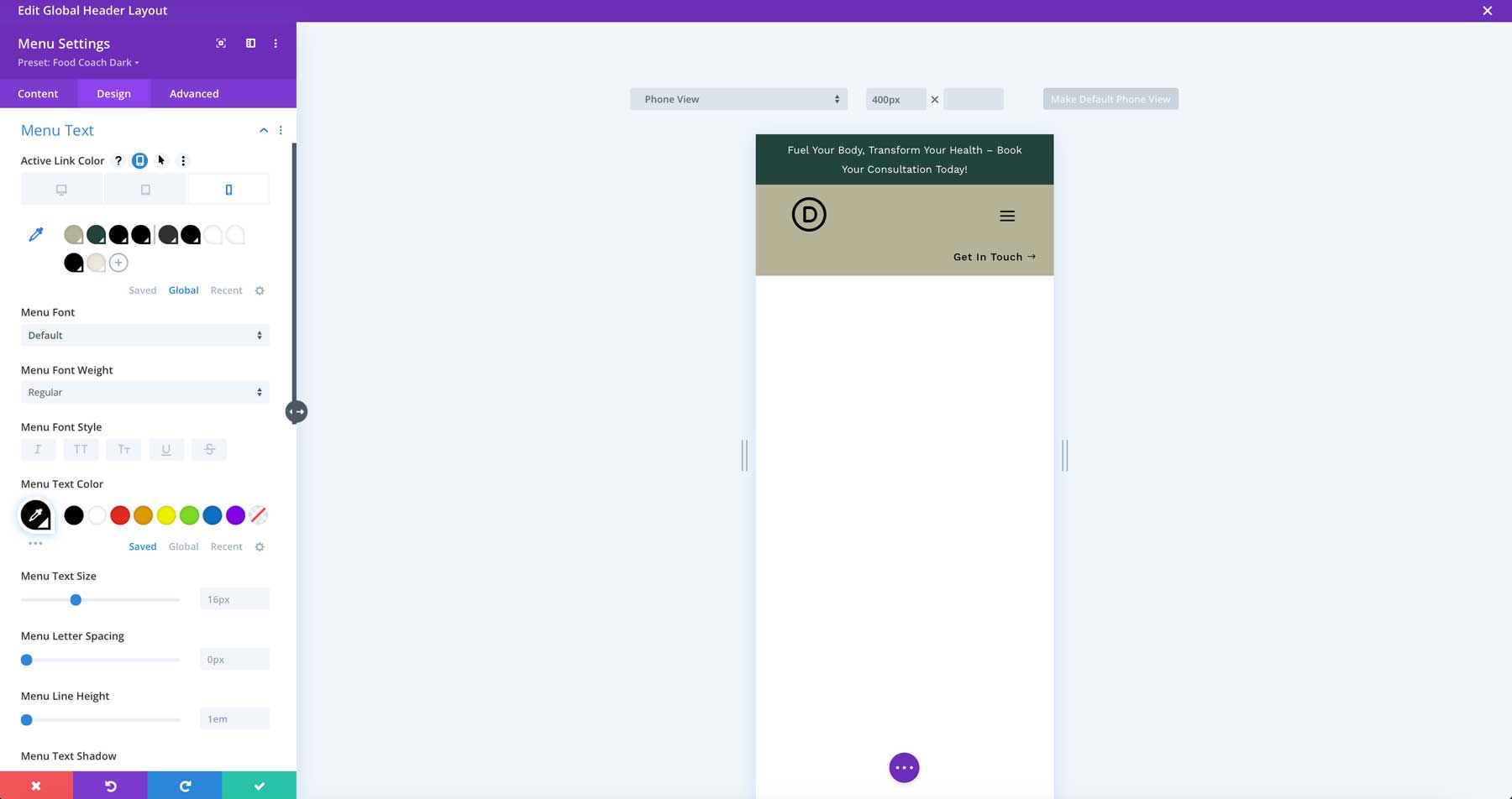 food coach starter site for Divi