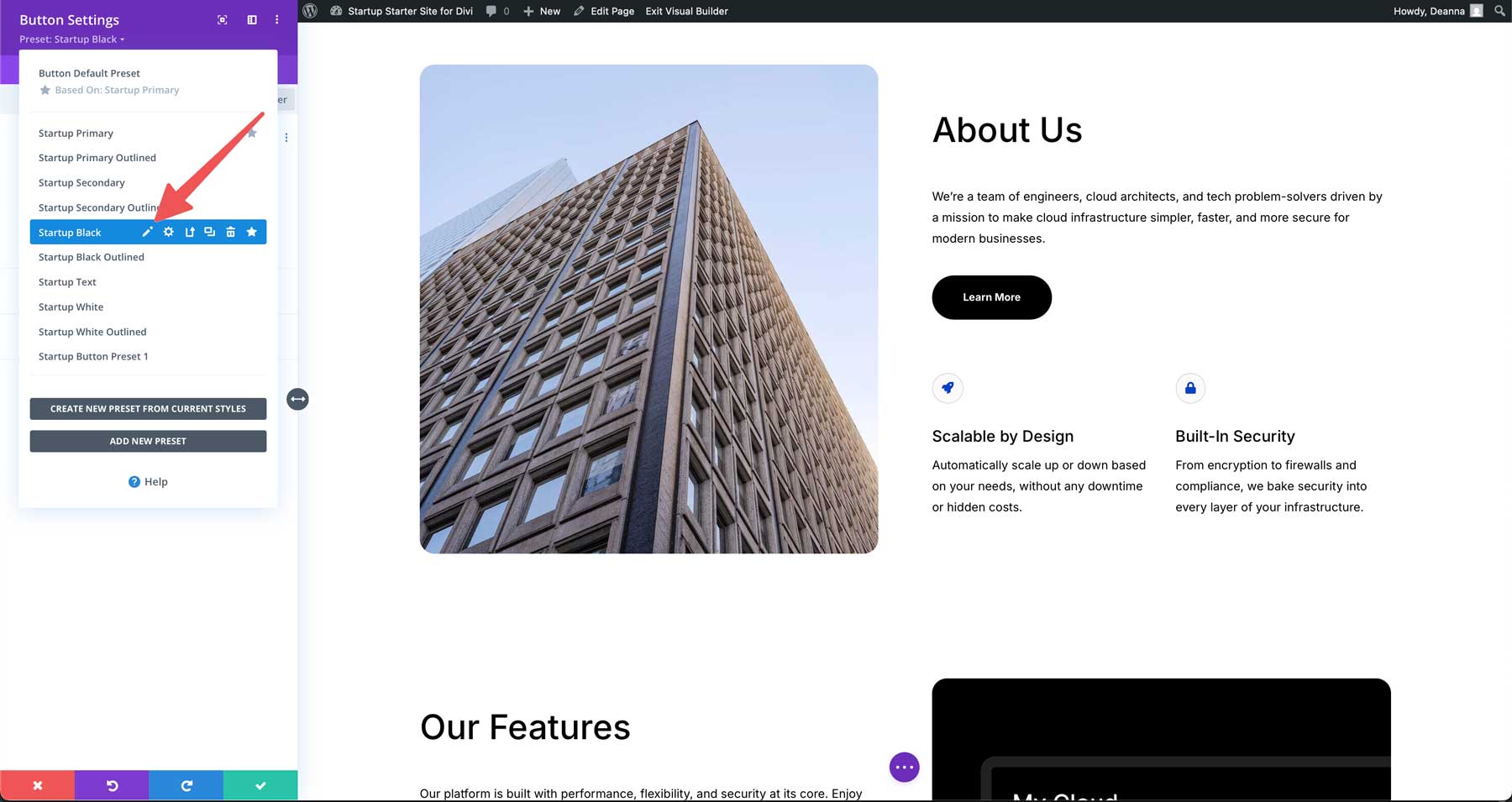 startup starter site for Divi