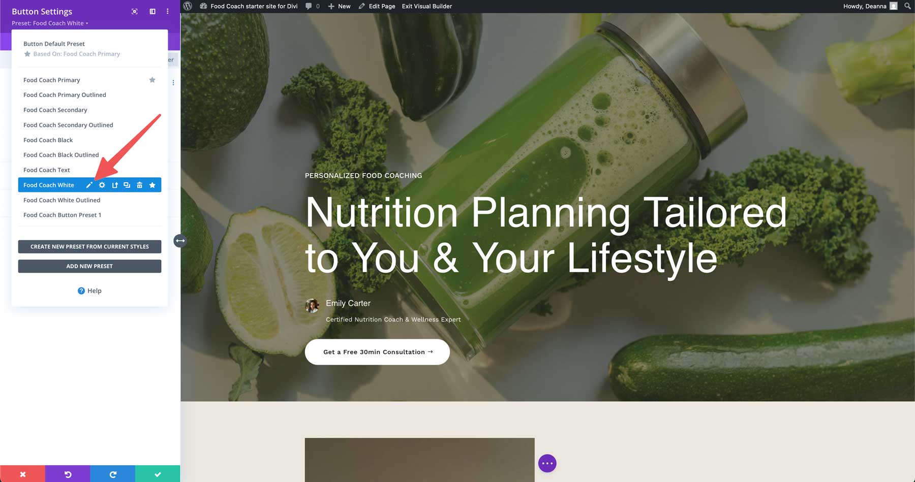 food coach starter site for Divi