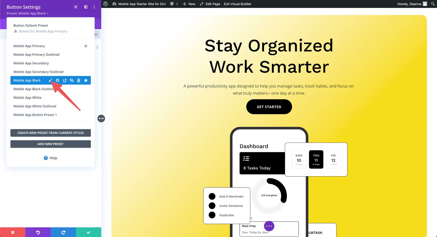 mobile app starter site for Divi