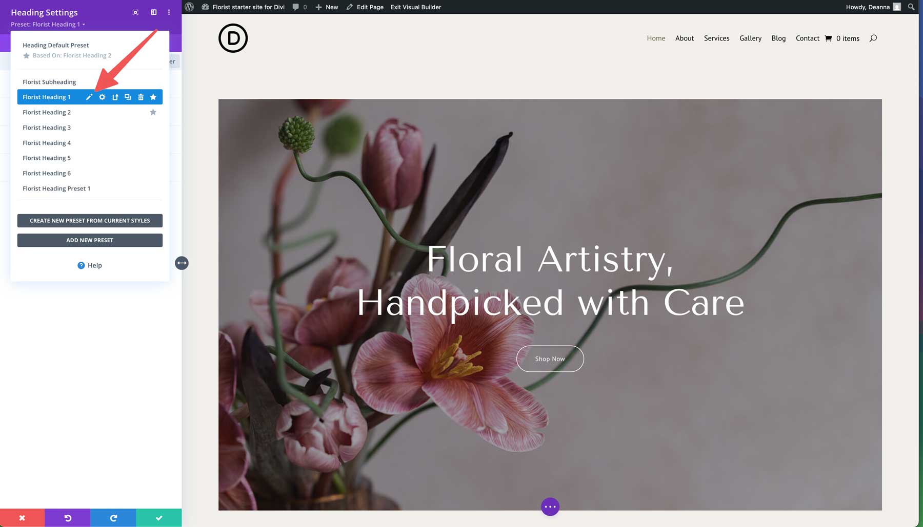 florist starter site for Divi