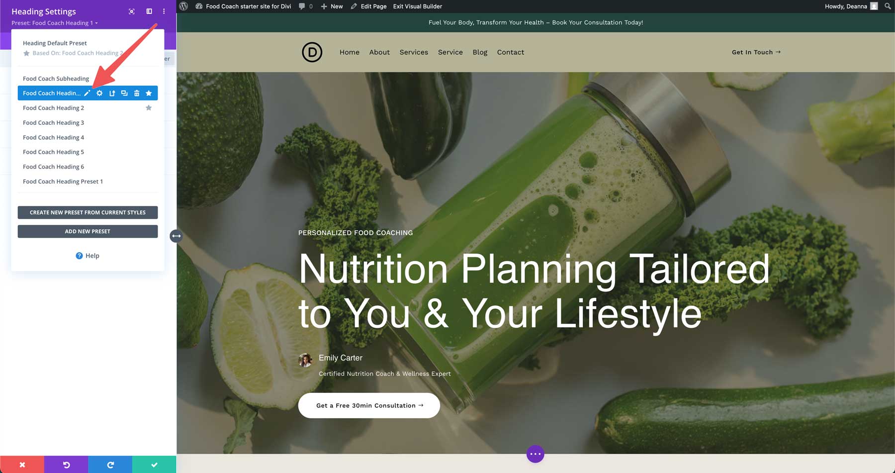 food coach starter site for Divi