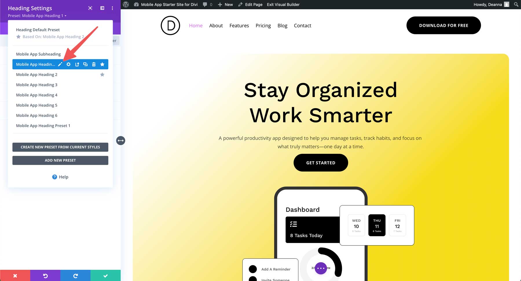 mobile app starter site for Divi