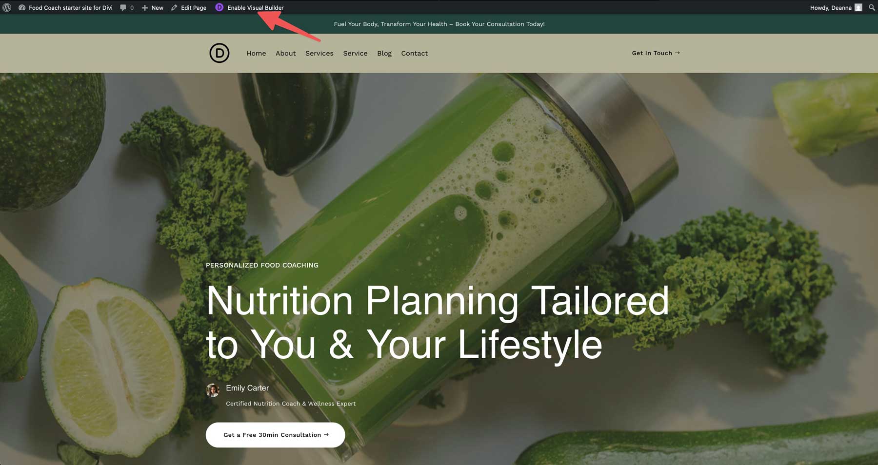 food coach starter site for Divi