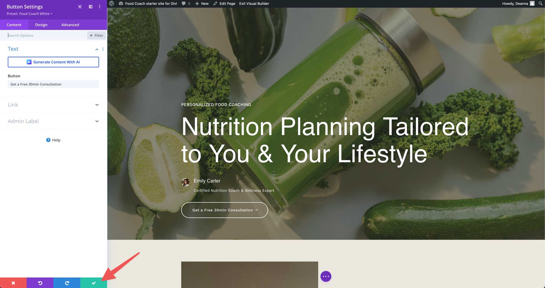food coach starter site for Divi