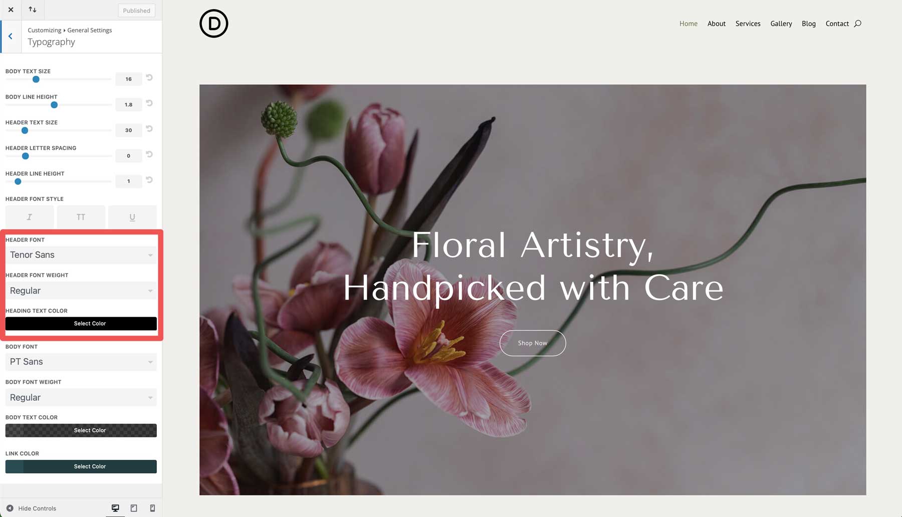 florist starter site for Divi