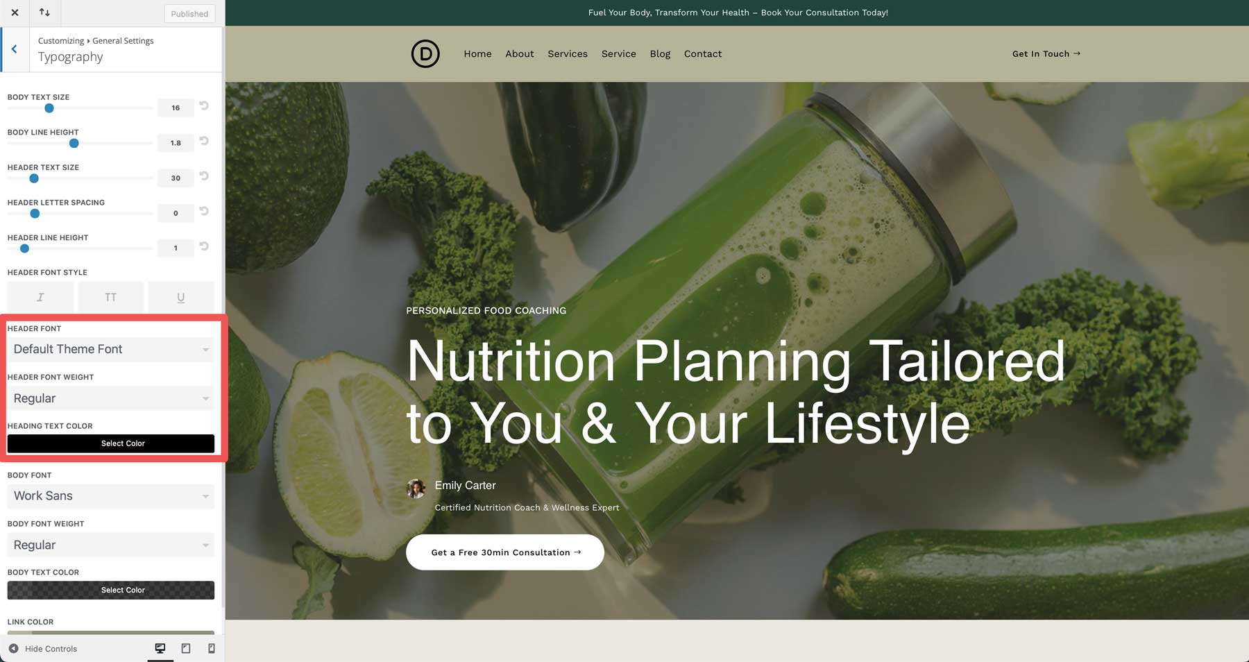 food coach starter site for Divi